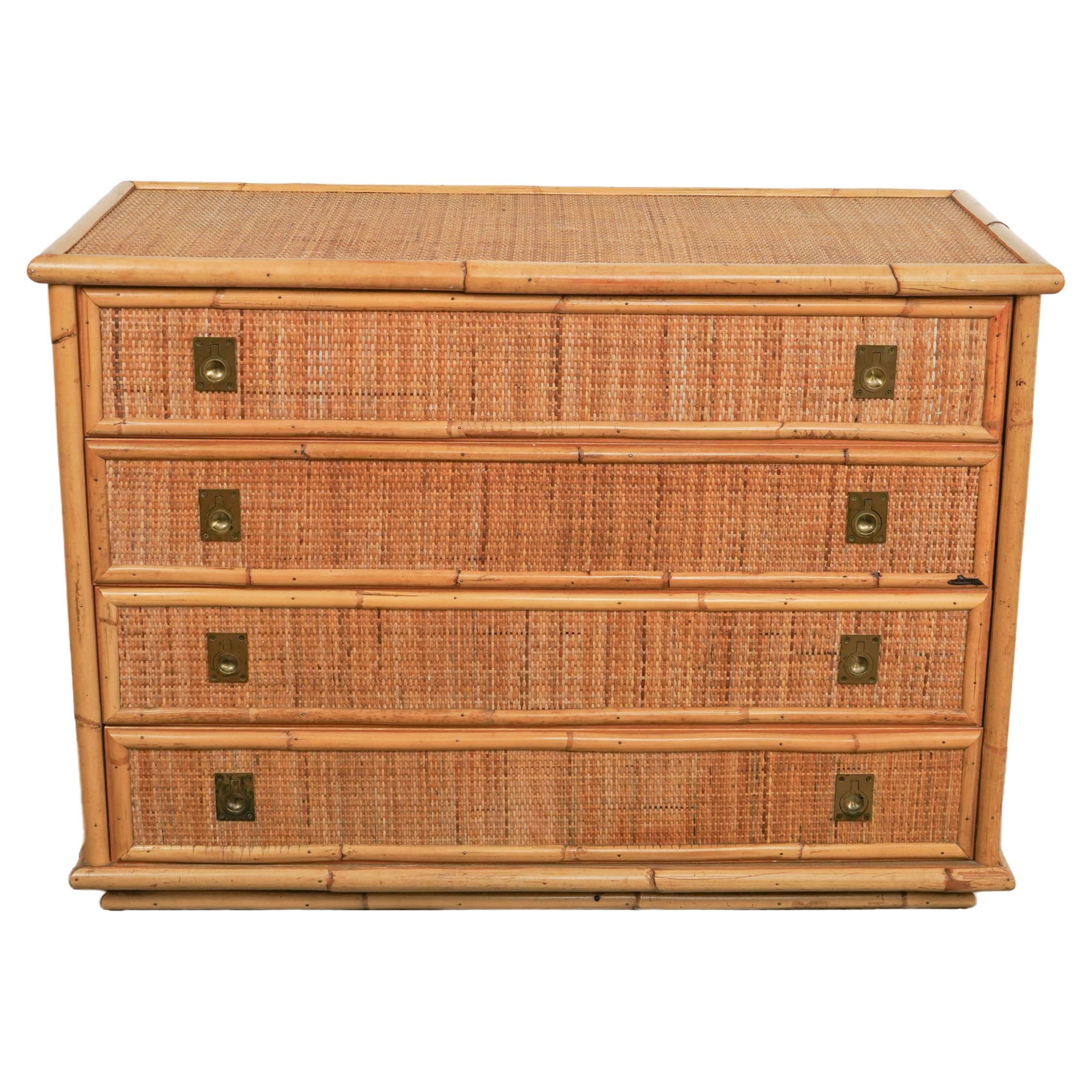 Midcentury Bamboo, Rattan and Brass Chest of Drawers by Dal Vera, Italy, 1970s For Sale