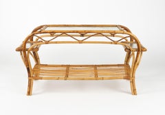 Tavolino rettangolare in bambù, rattan e vetro smerigliato del Medioevo, Italia anni '70