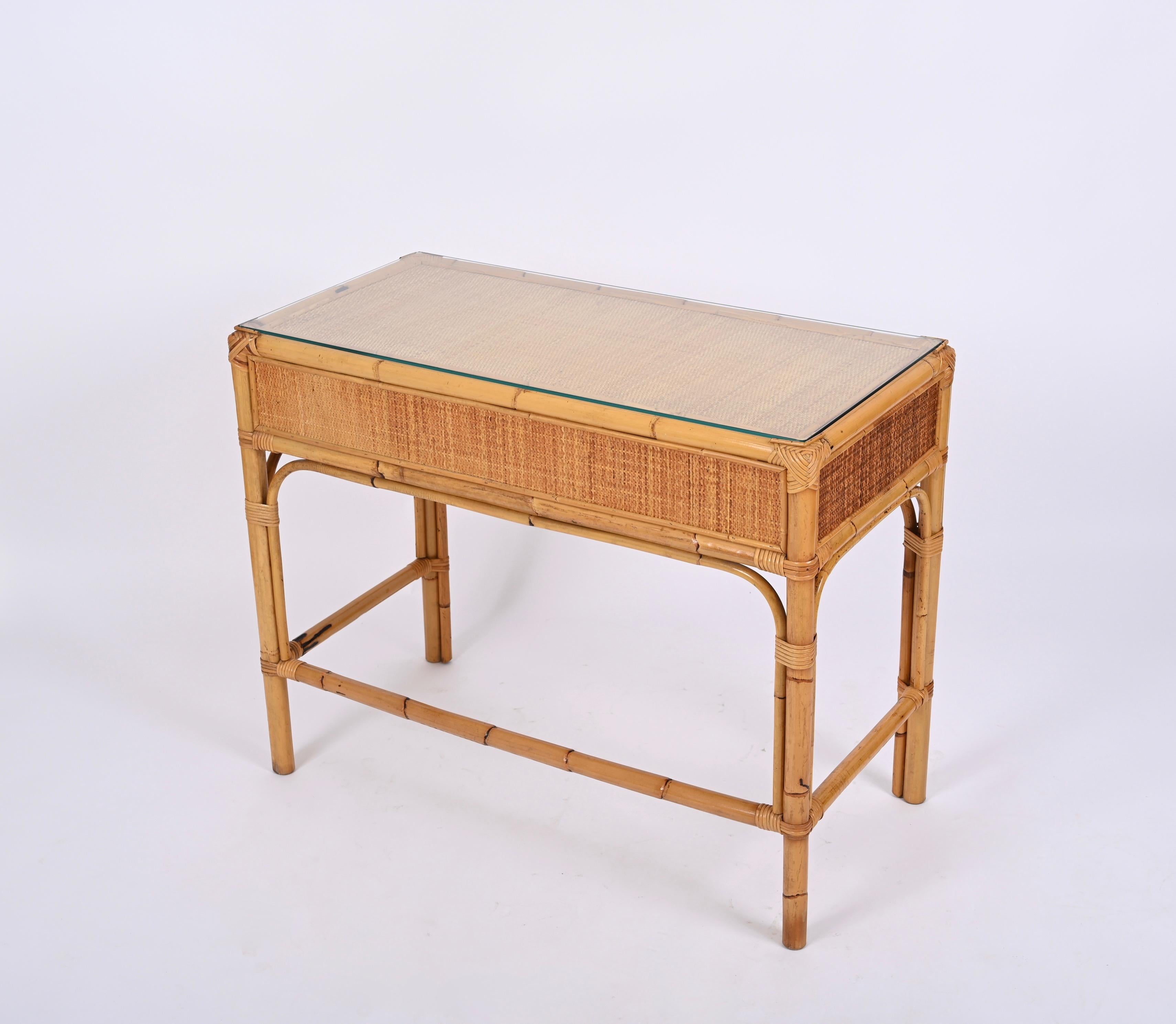 Midcentury Bamboo, Rattan and Glass Italian Rectangular Desk with Drawers, 1970s 5