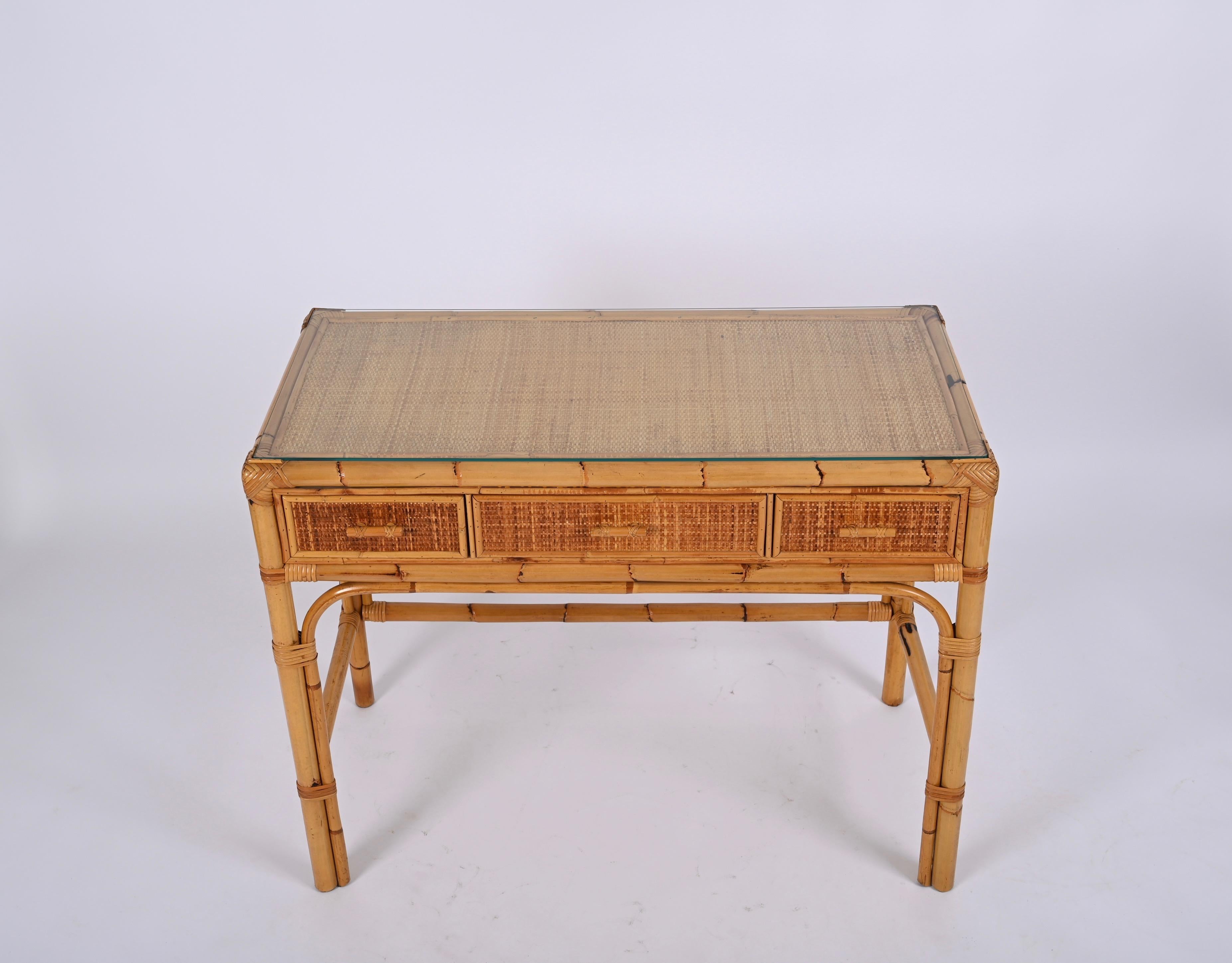 Midcentury Bamboo, Rattan and Glass Italian Rectangular Desk with Drawers, 1970s 6