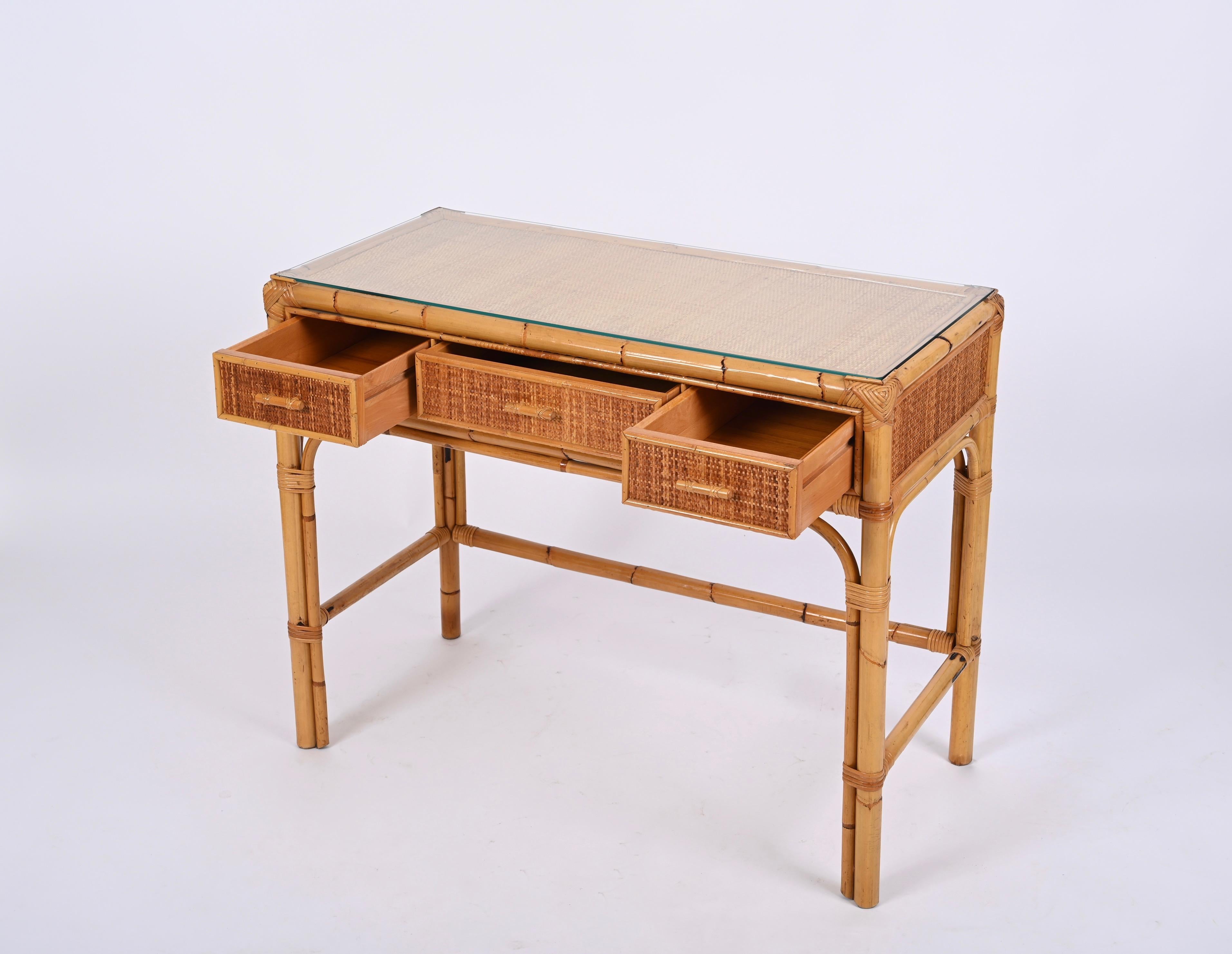 20th Century Midcentury Bamboo, Rattan and Glass Italian Rectangular Desk with Drawers, 1970s