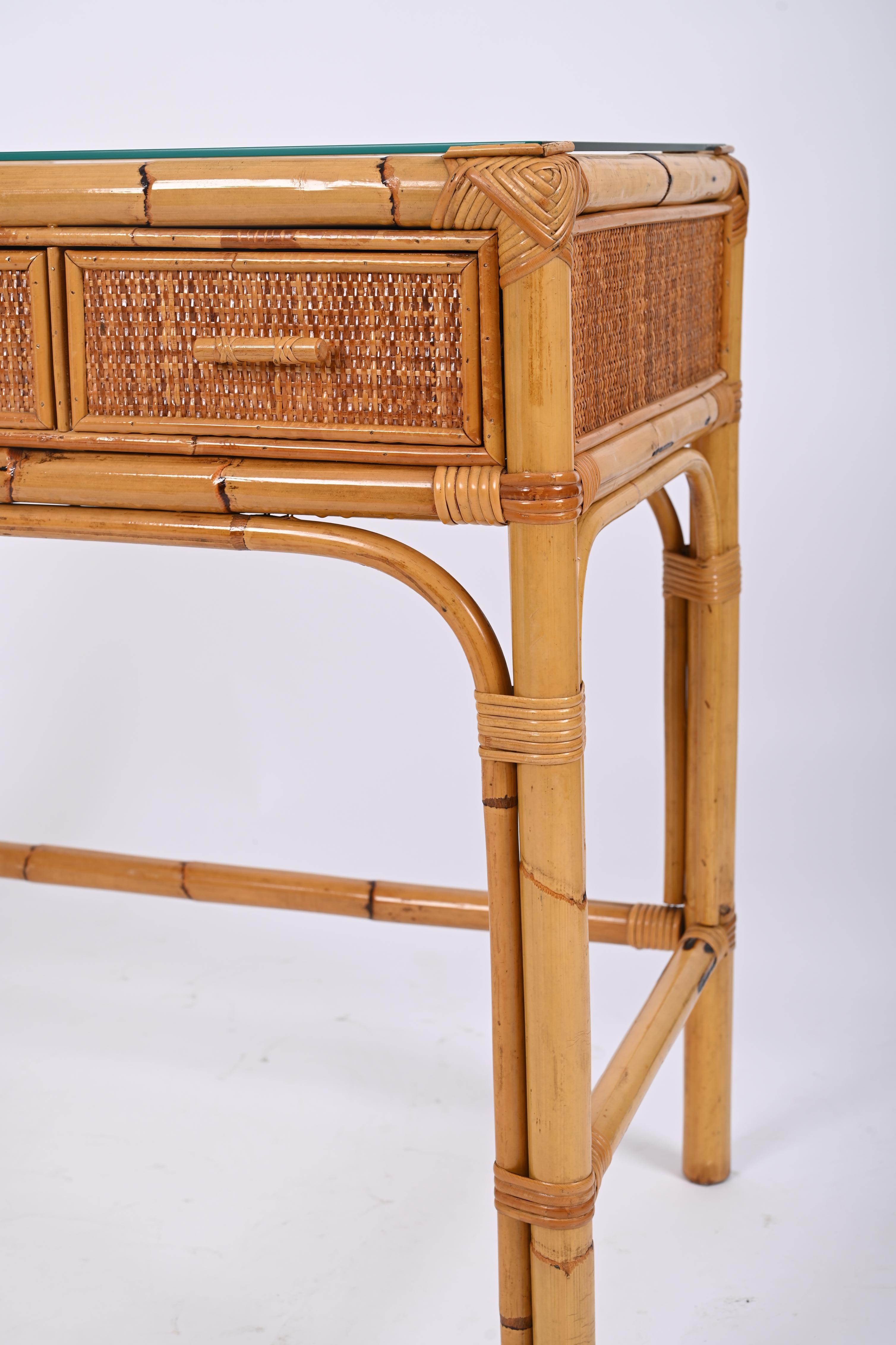 Midcentury Bamboo, Rattan and Glass Italian Rectangular Desk with Drawers, 1970s 1