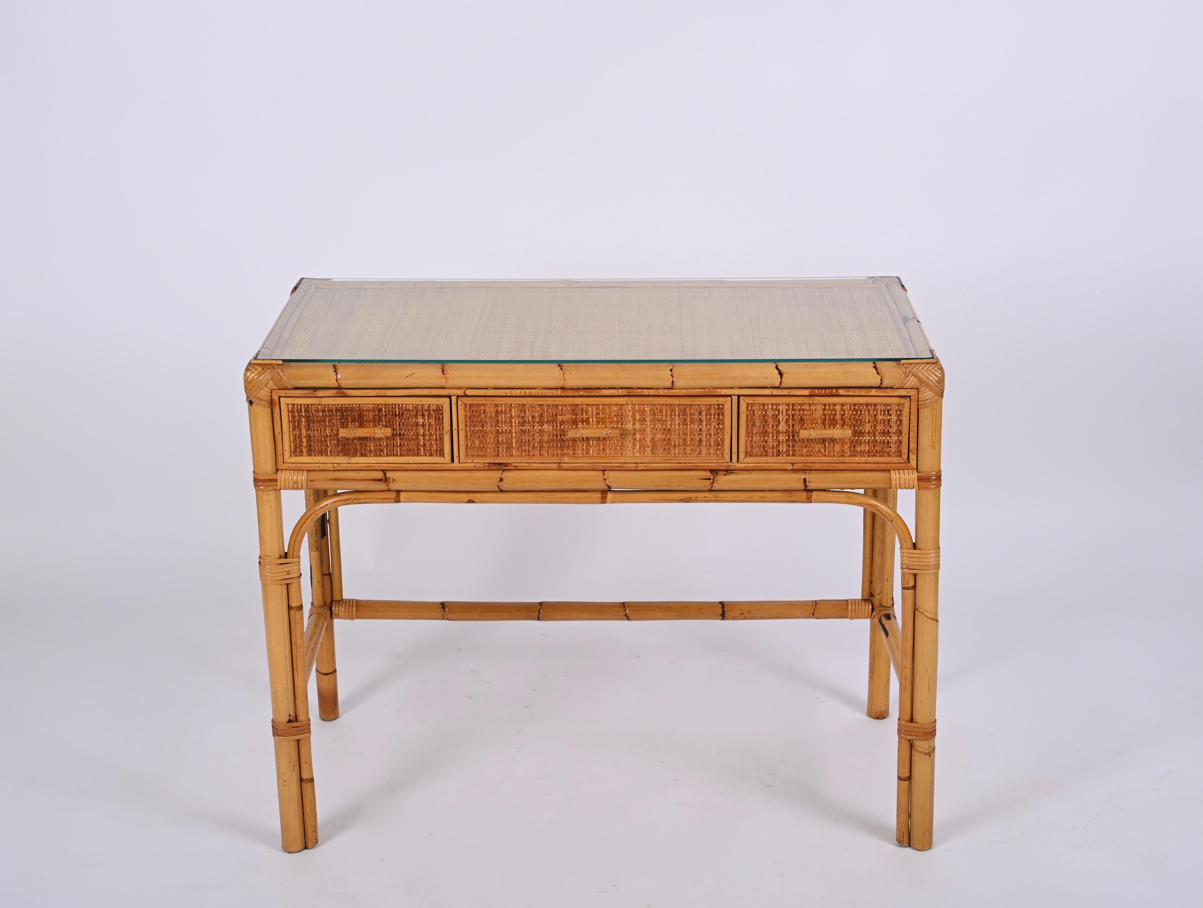 Midcentury Bamboo, Rattan and Glass Italian Rectangular Desk with Drawers, 1970s 3