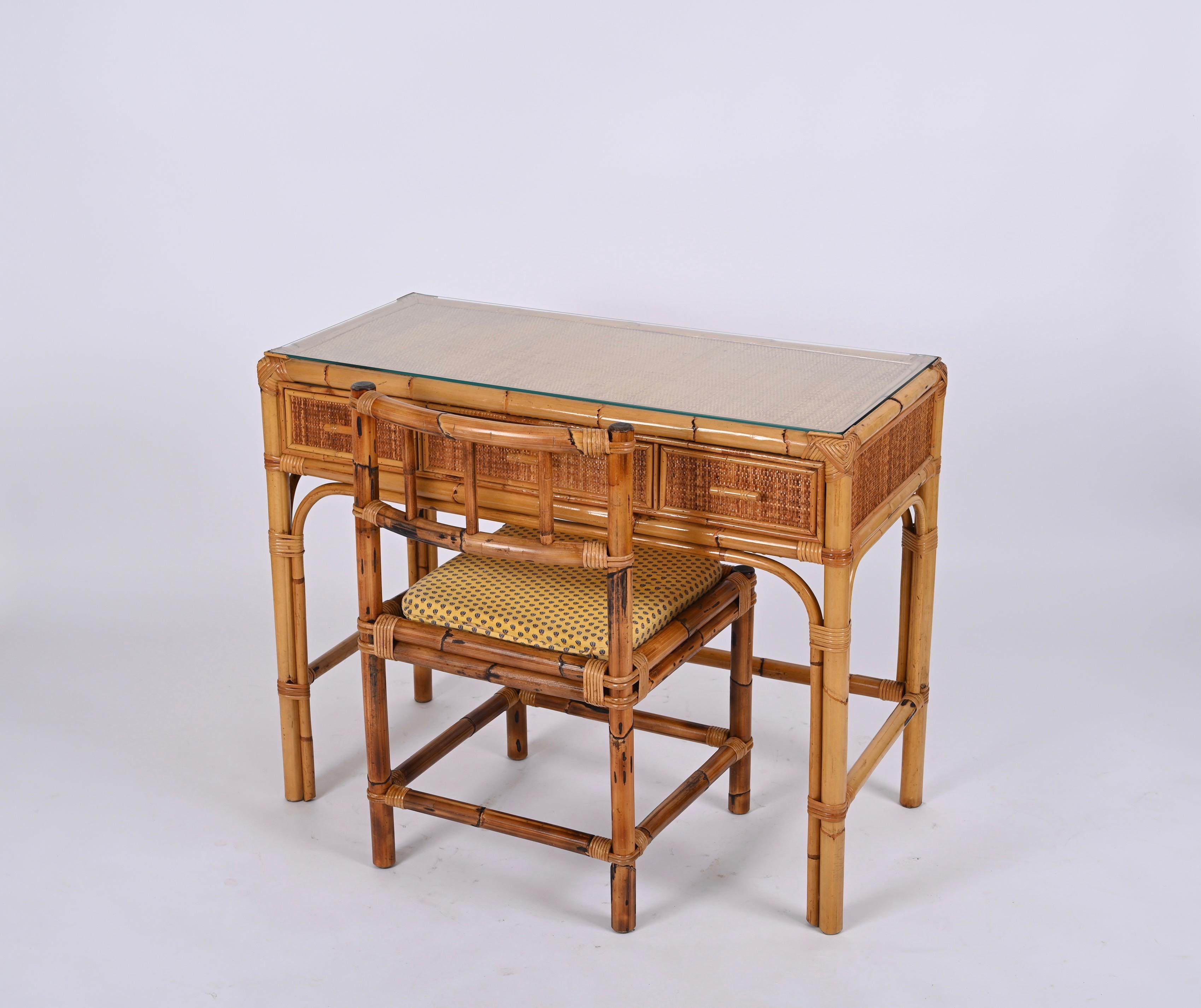 Midcentury Bamboo, Rattan and Glass Italian Rectangular Desk with Drawers, 1970s 4