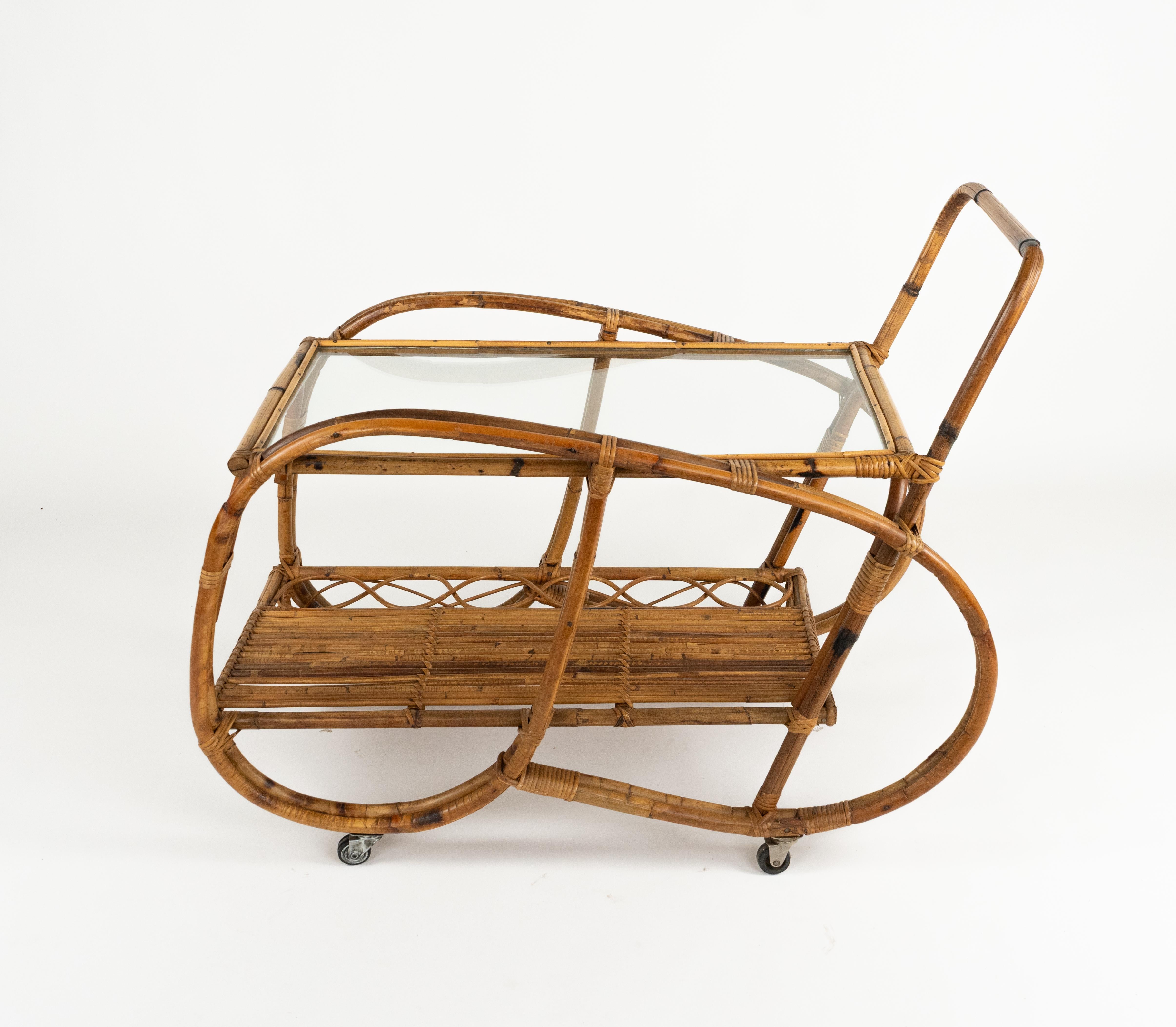 Barwagen aus Bambus, Rattan und Glas aus der Jahrhundertmitte, Italien 1960er im Angebot 4