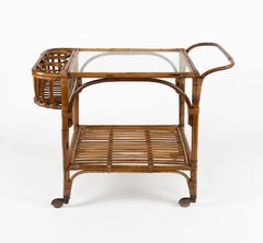 Midcentury Bamboo, Rattan and Glass Serving Bar Cart, Italy 1960s