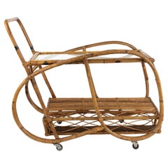 Carrello da bar in bambù, rattan e vetro del Midcentury, Italia 1960
