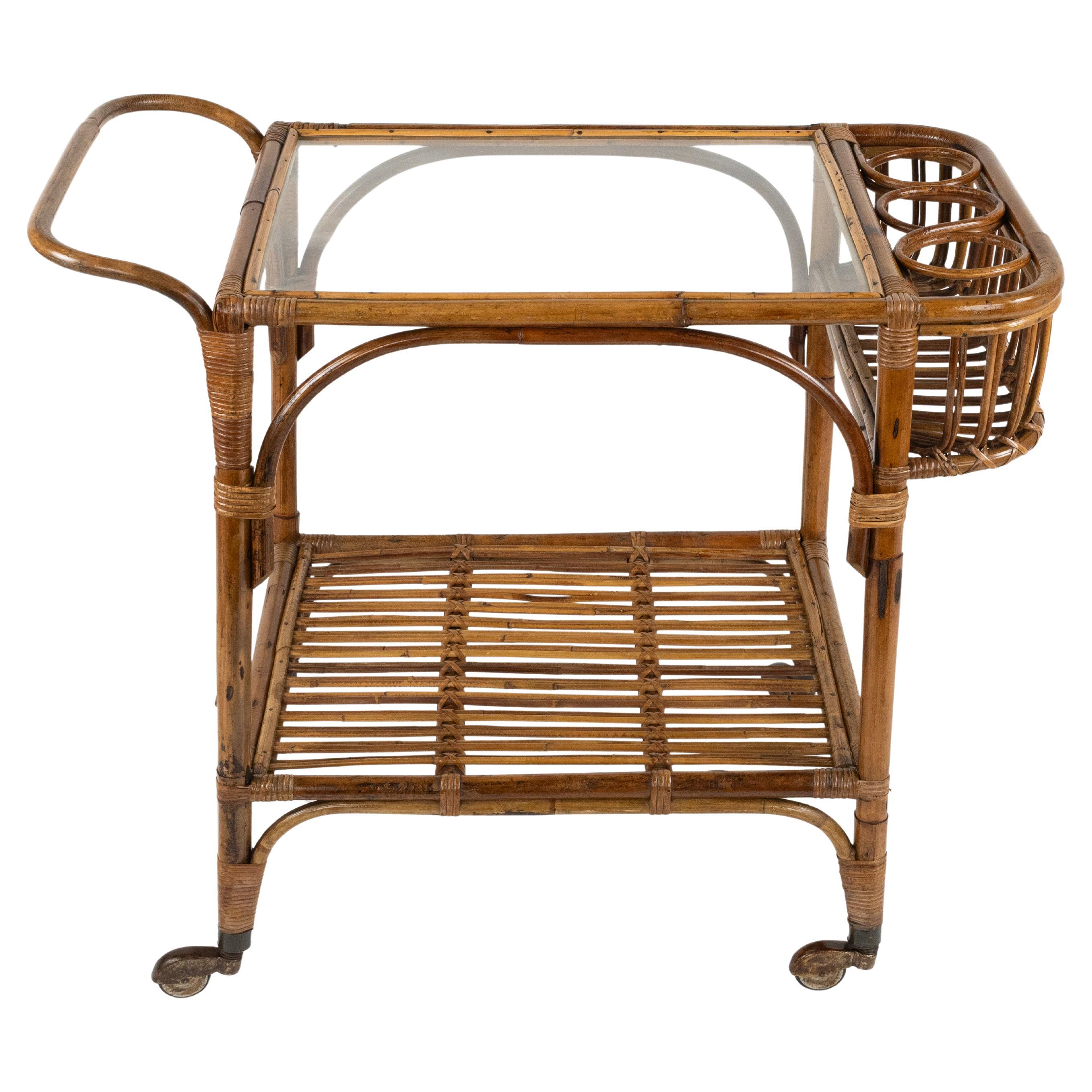 Midcentury Bamboo, Rattan and Glass Serving Bar Cart, Italy 1960s
