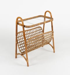 Beistelltisch aus Bambus, Rattan und Glas mit Zeitschriftenständer, Italien 1960er Jahre