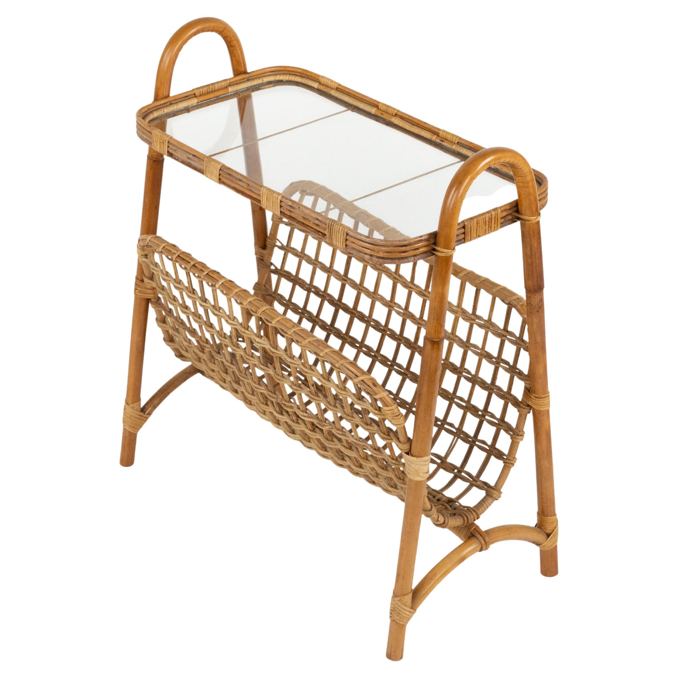 Midcentury Bamboo, Rattan and Glass Side Table with Magazine Rack, Italy 1960s