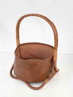 Midcentury Bamboo, Rattan and Leather Magazine Rack, 1970s in the Style of Adnet