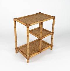 Midcentury Bamboo, Rattan and Wicker Bookcase or Etagere, Italy 1970s