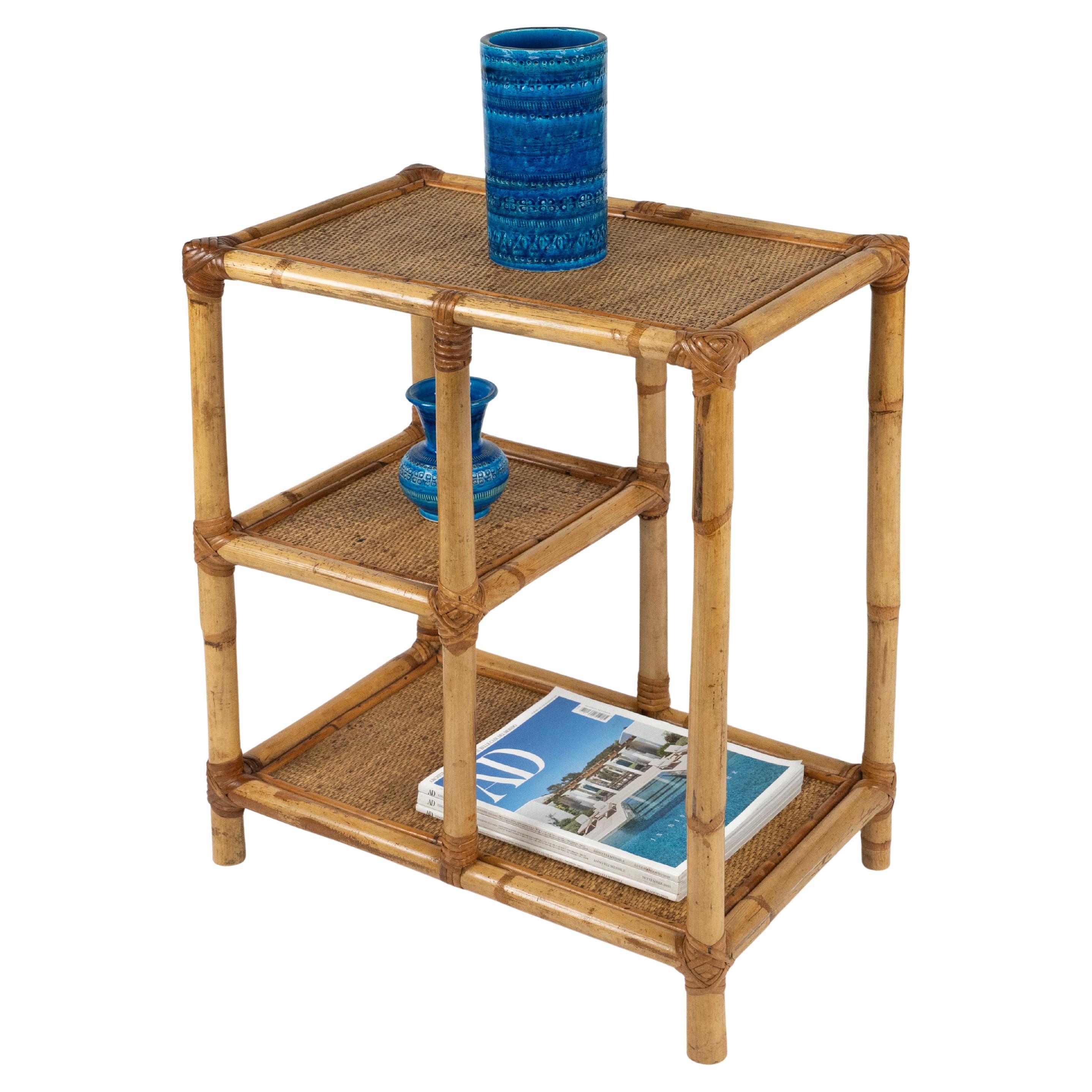 Midcentury Bamboo, Rattan and Wicker Bookcase or Etagere, Italy 1970s