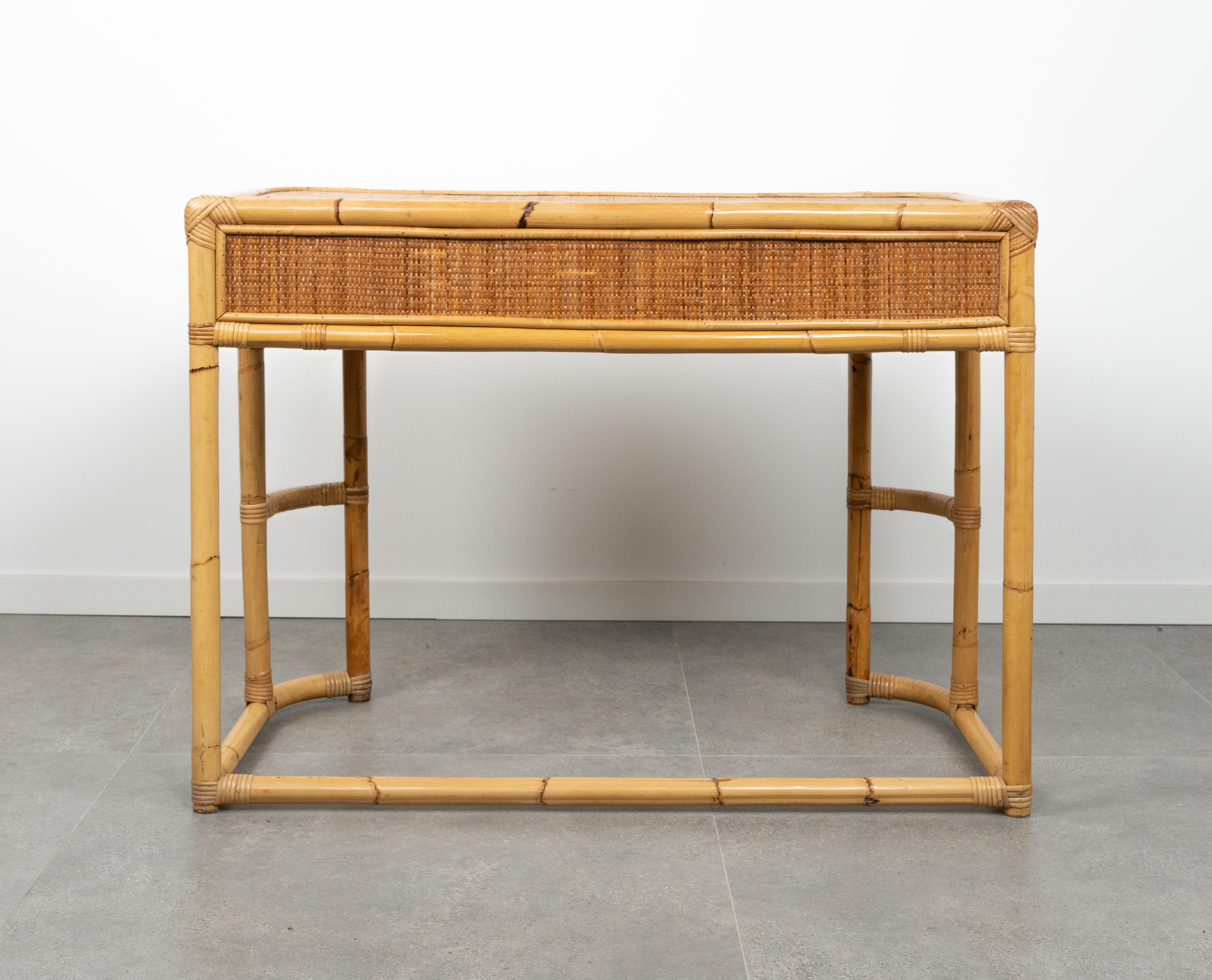 Midcentury Bamboo, Rattan and Wicker Desk Console Table, Italy 1970s For Sale 4