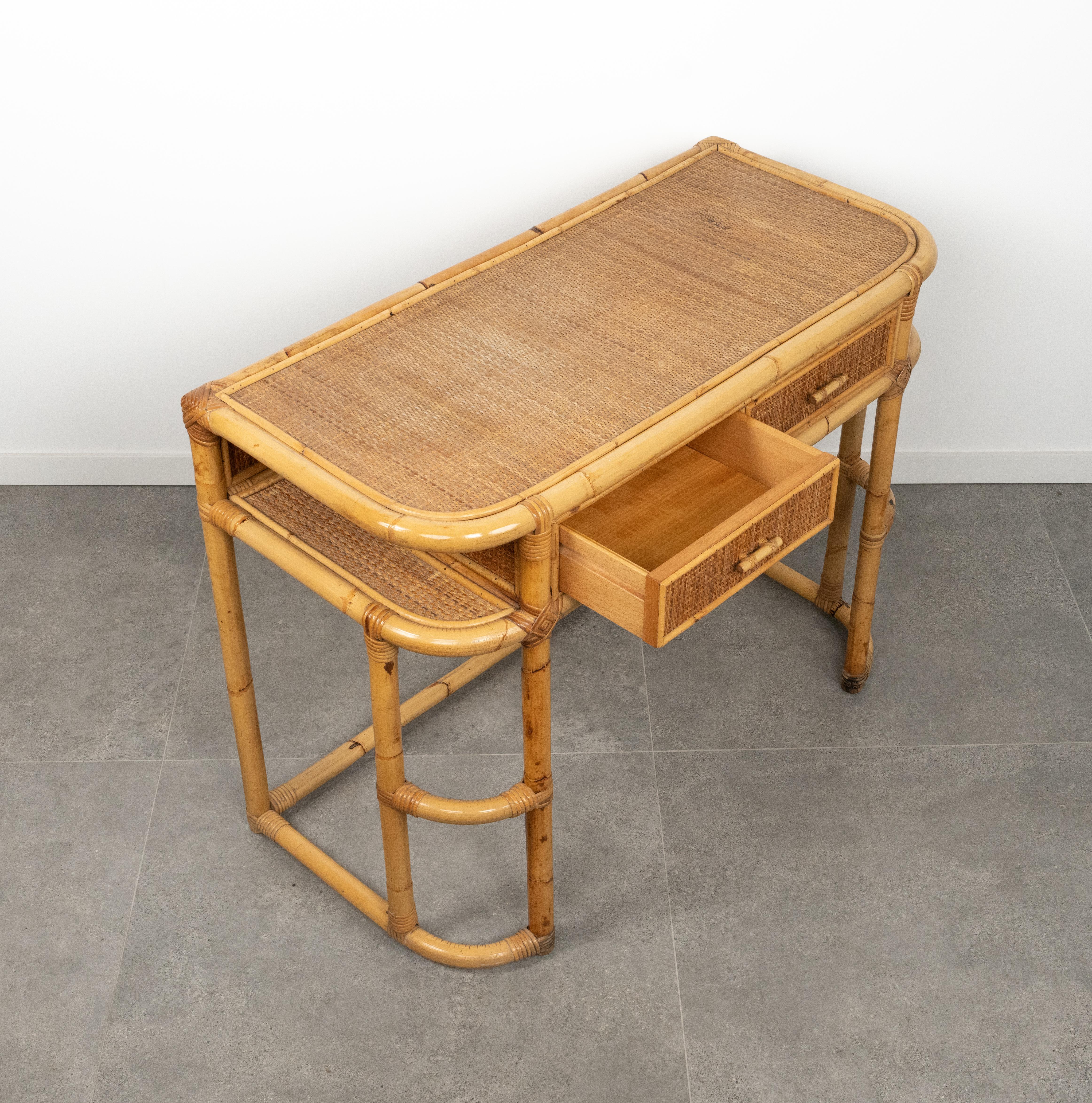 Midcentury Bamboo, Rattan and Wicker Desk Console Table, Italy 1970s For Sale 6
