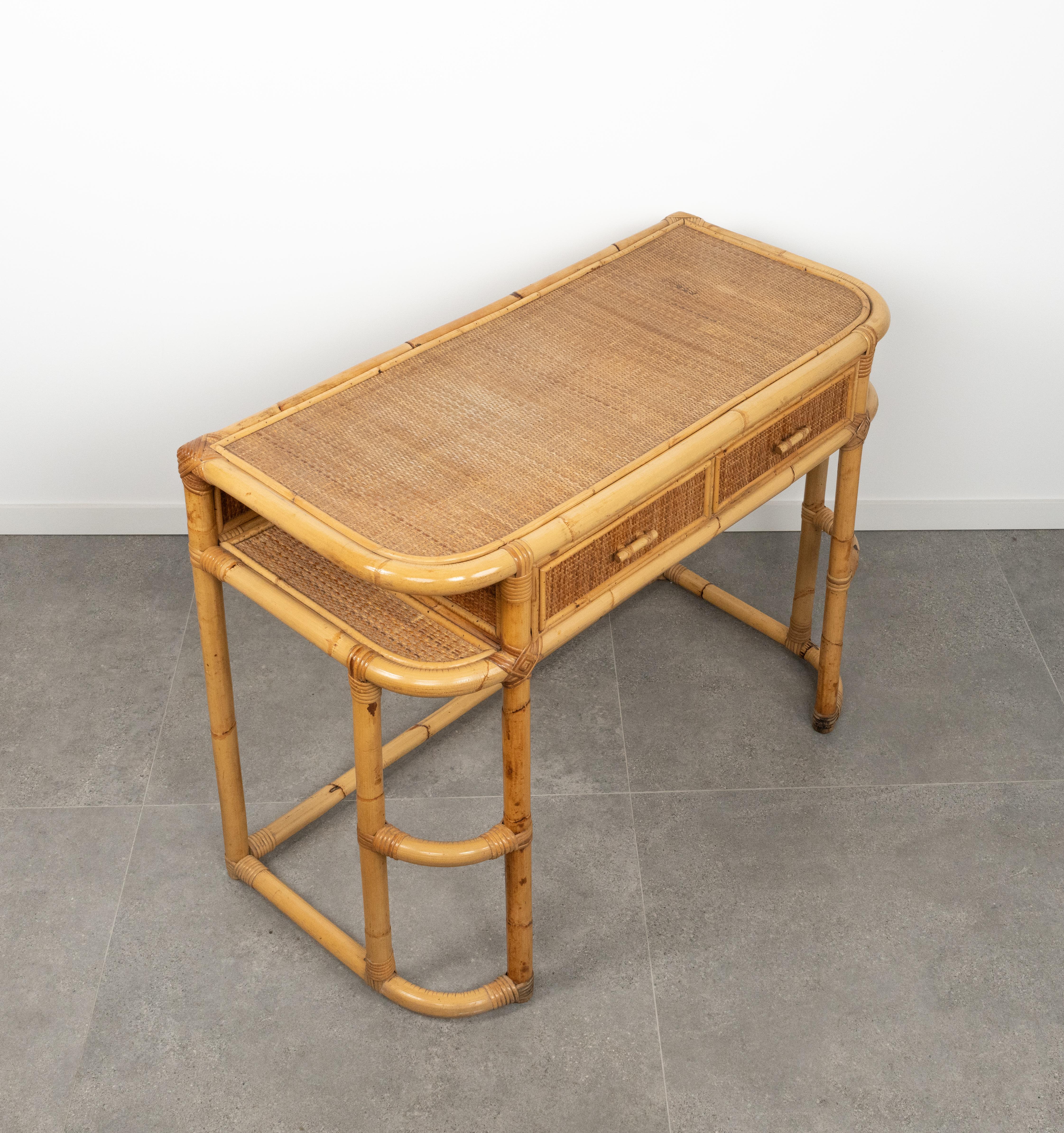 Midcentury Bamboo, Rattan and Wicker Desk Console Table, Italy 1970s For Sale 7