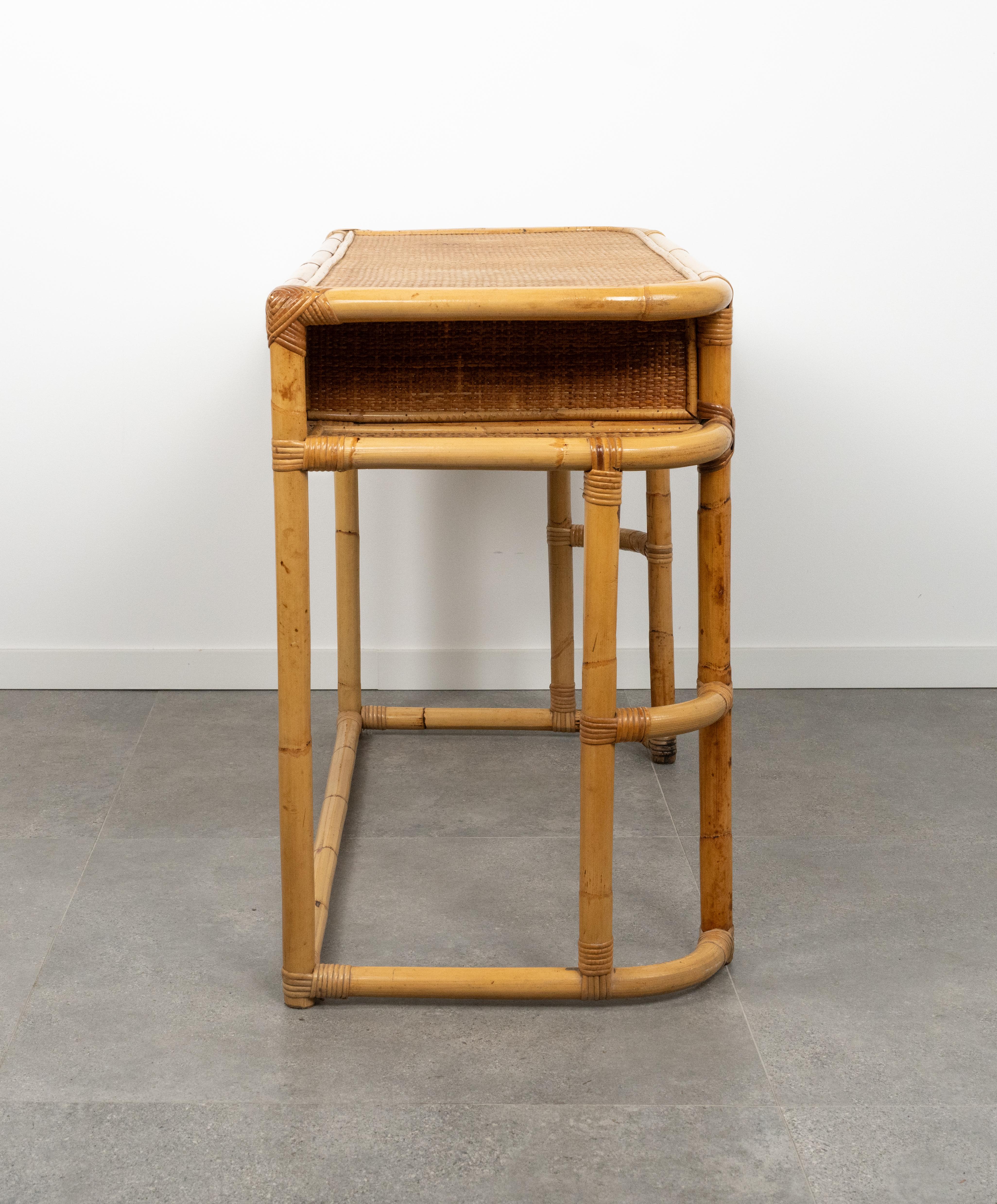 Midcentury Bamboo, Rattan and Wicker Desk Console Table, Italy 1970s For Sale 8