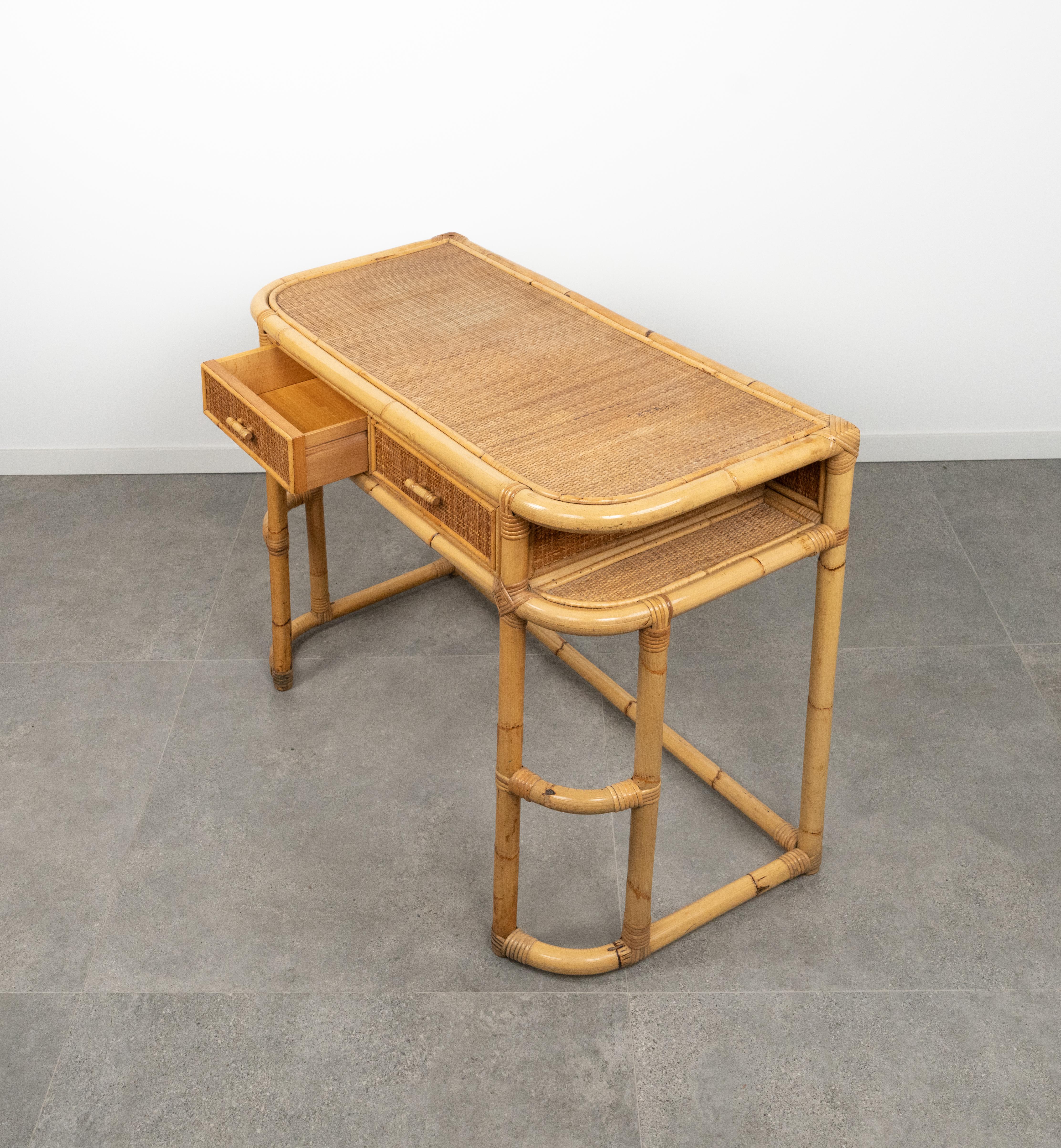 Midcentury Bamboo, Rattan and Wicker Desk Console Table, Italy 1970s For Sale 9