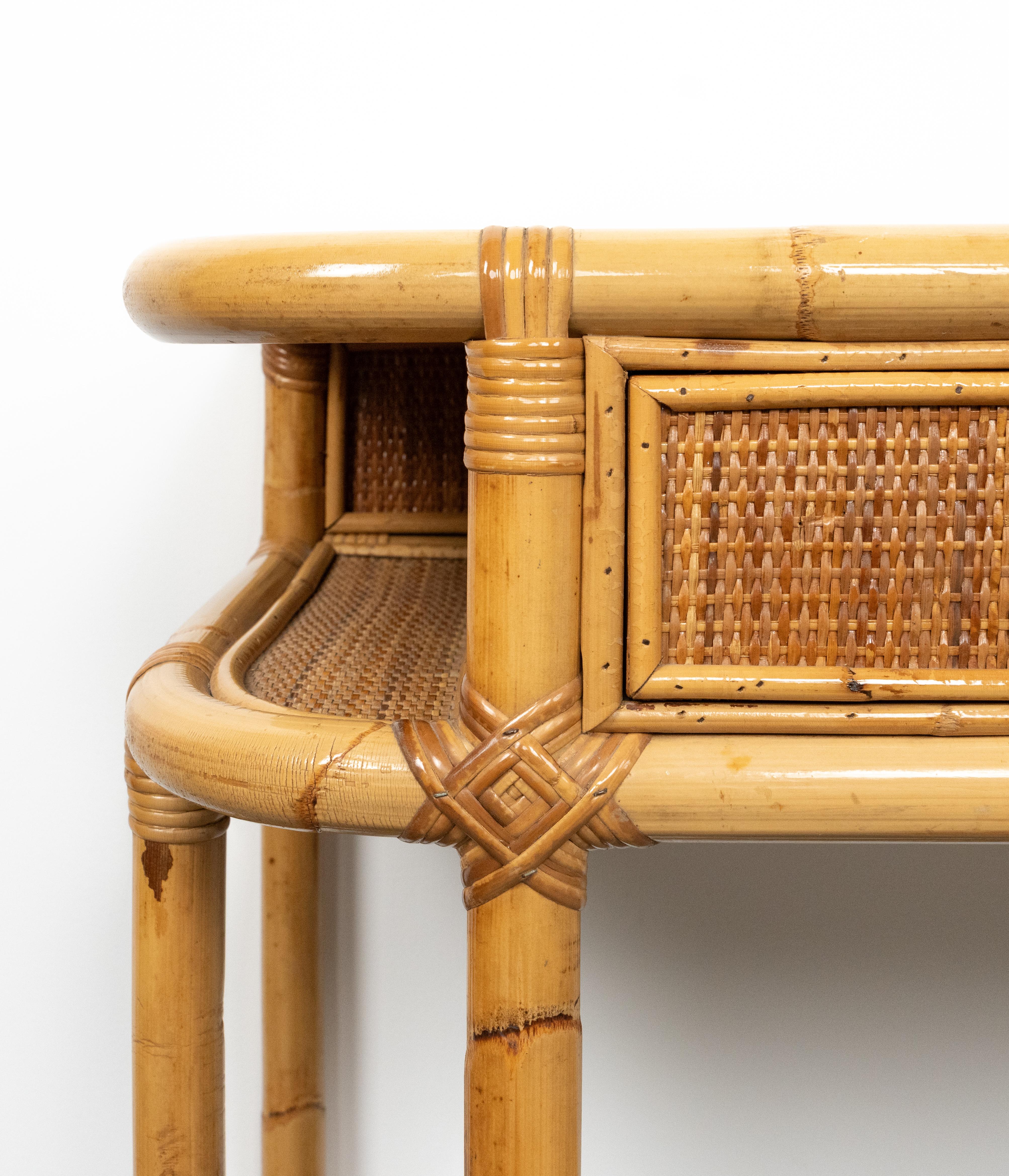Midcentury Bamboo, Rattan and Wicker Desk Console Table, Italy 1970s For Sale 10
