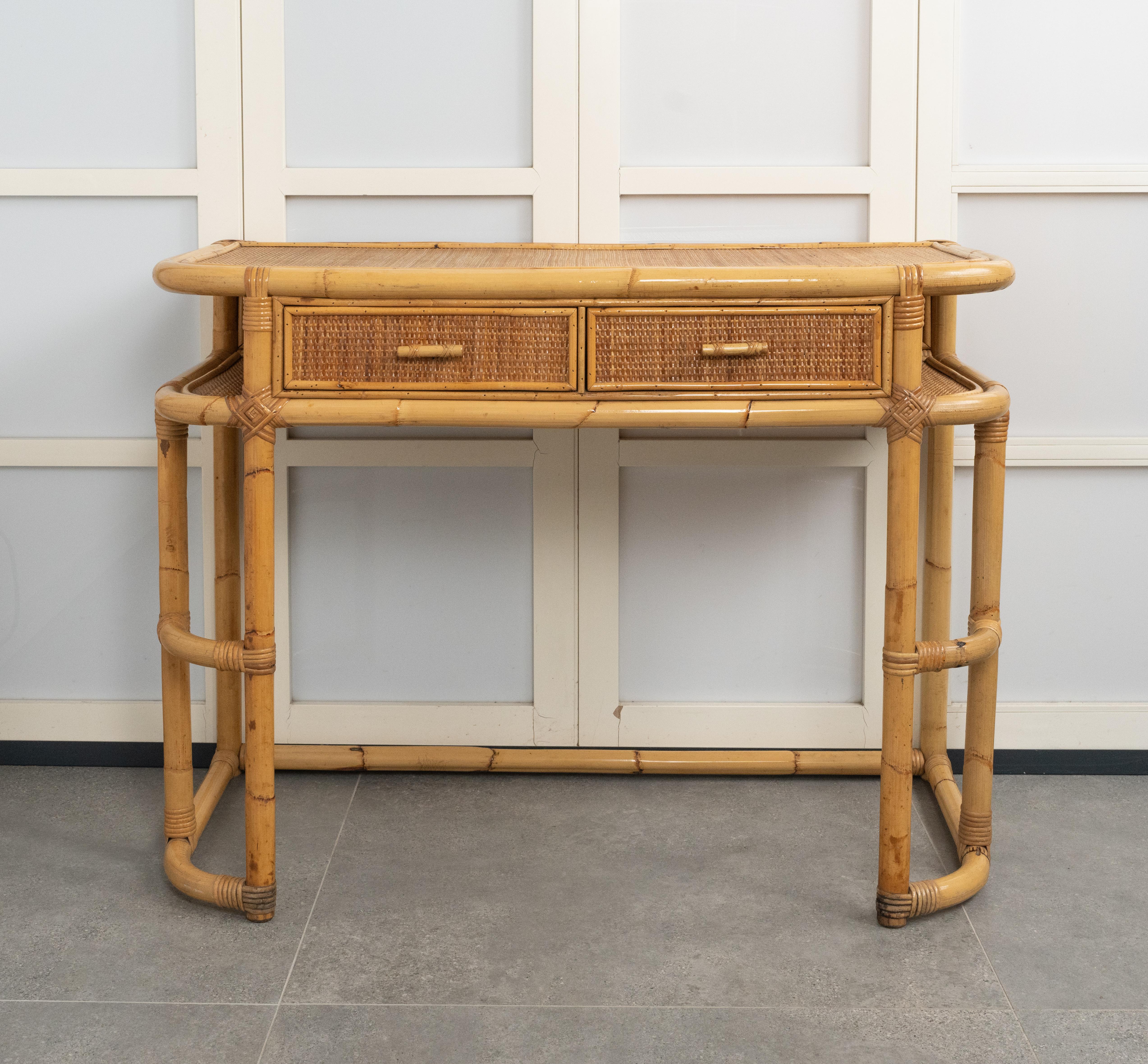 Midcentury Bamboo, Rattan and Wicker Desk Console Table, Italy 1970s For Sale 11