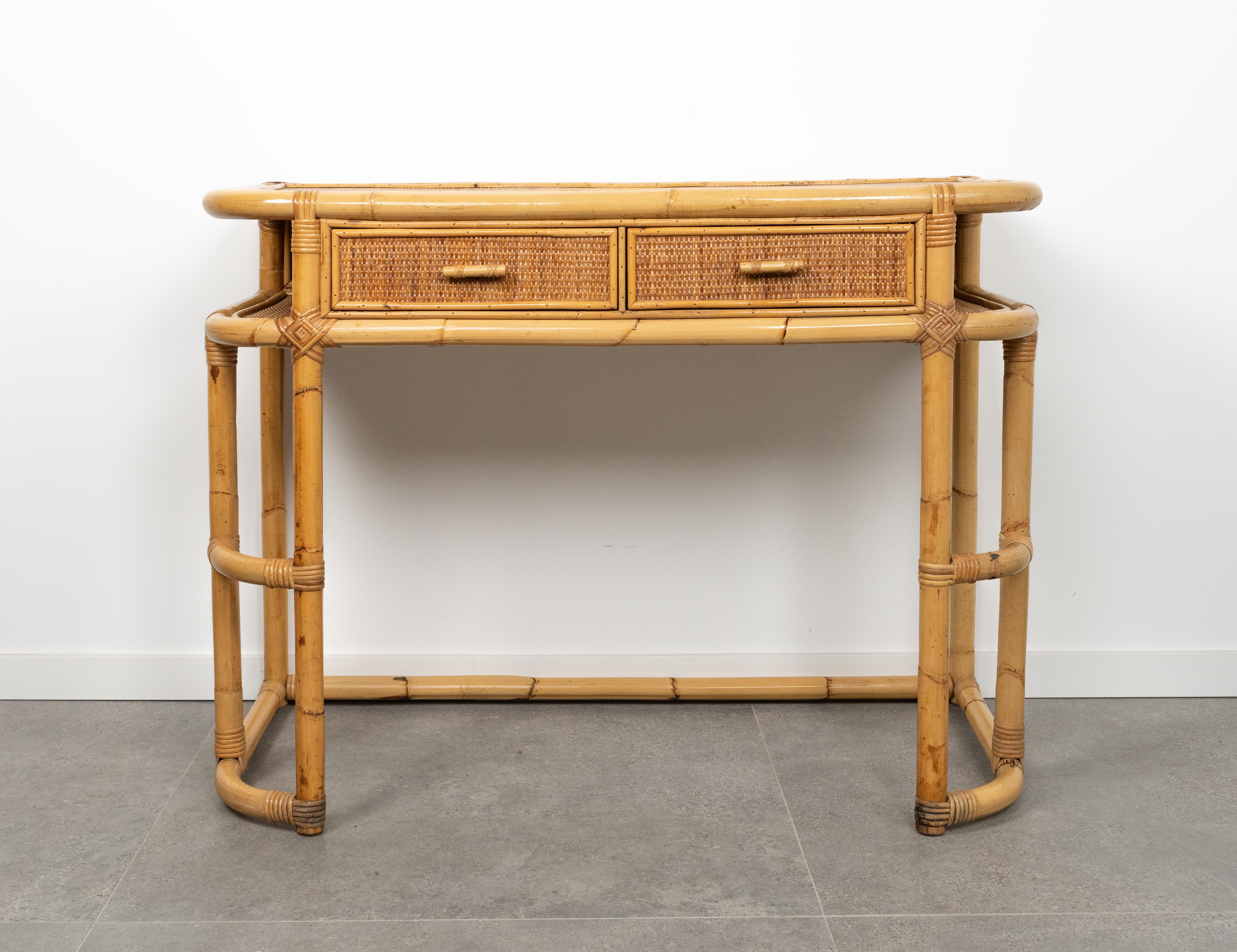 Mid-Century Modern Midcentury Bamboo, Rattan and Wicker Desk Console Table, Italy 1970s For Sale