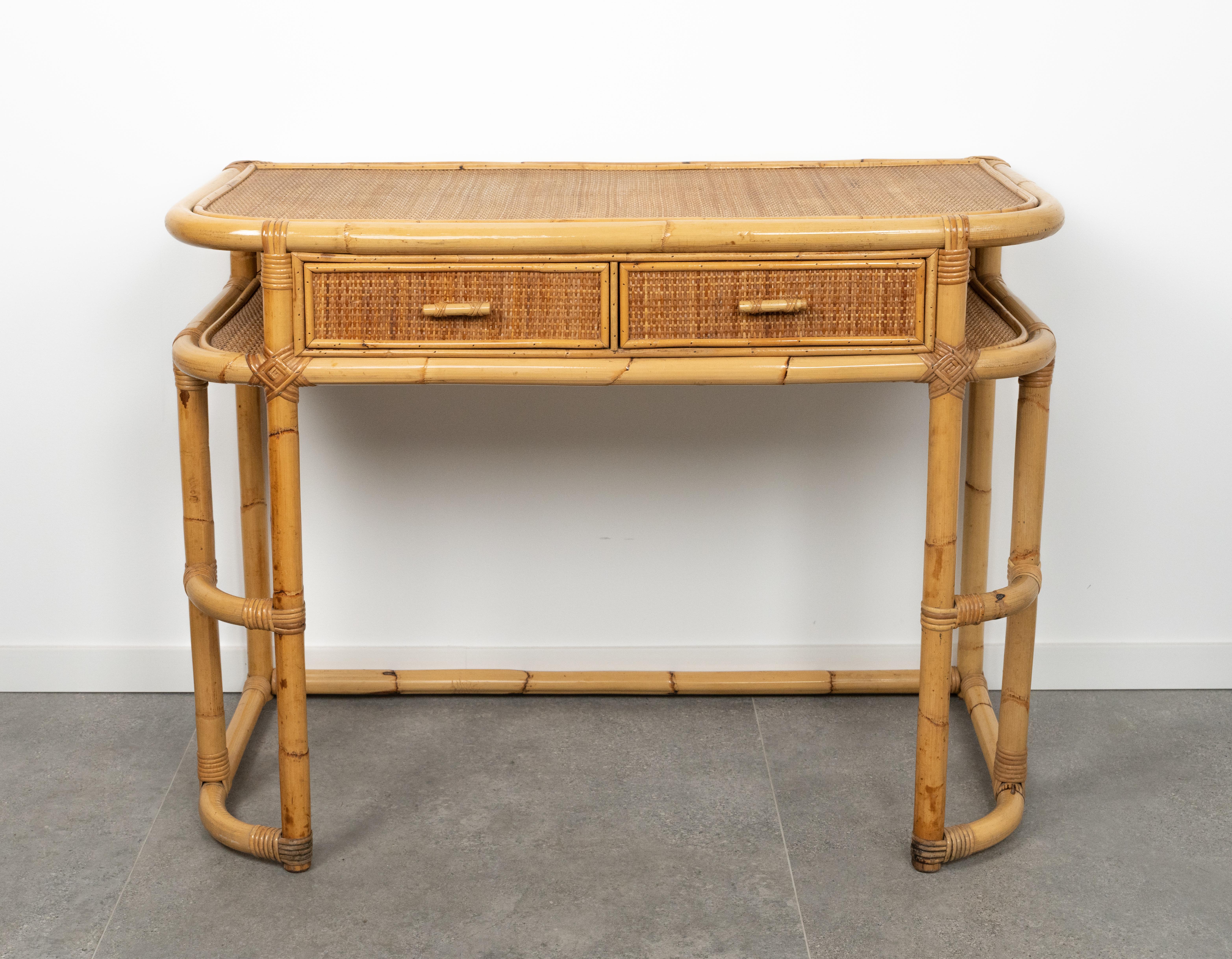 Italian Midcentury Bamboo, Rattan and Wicker Desk Console Table, Italy 1970s For Sale