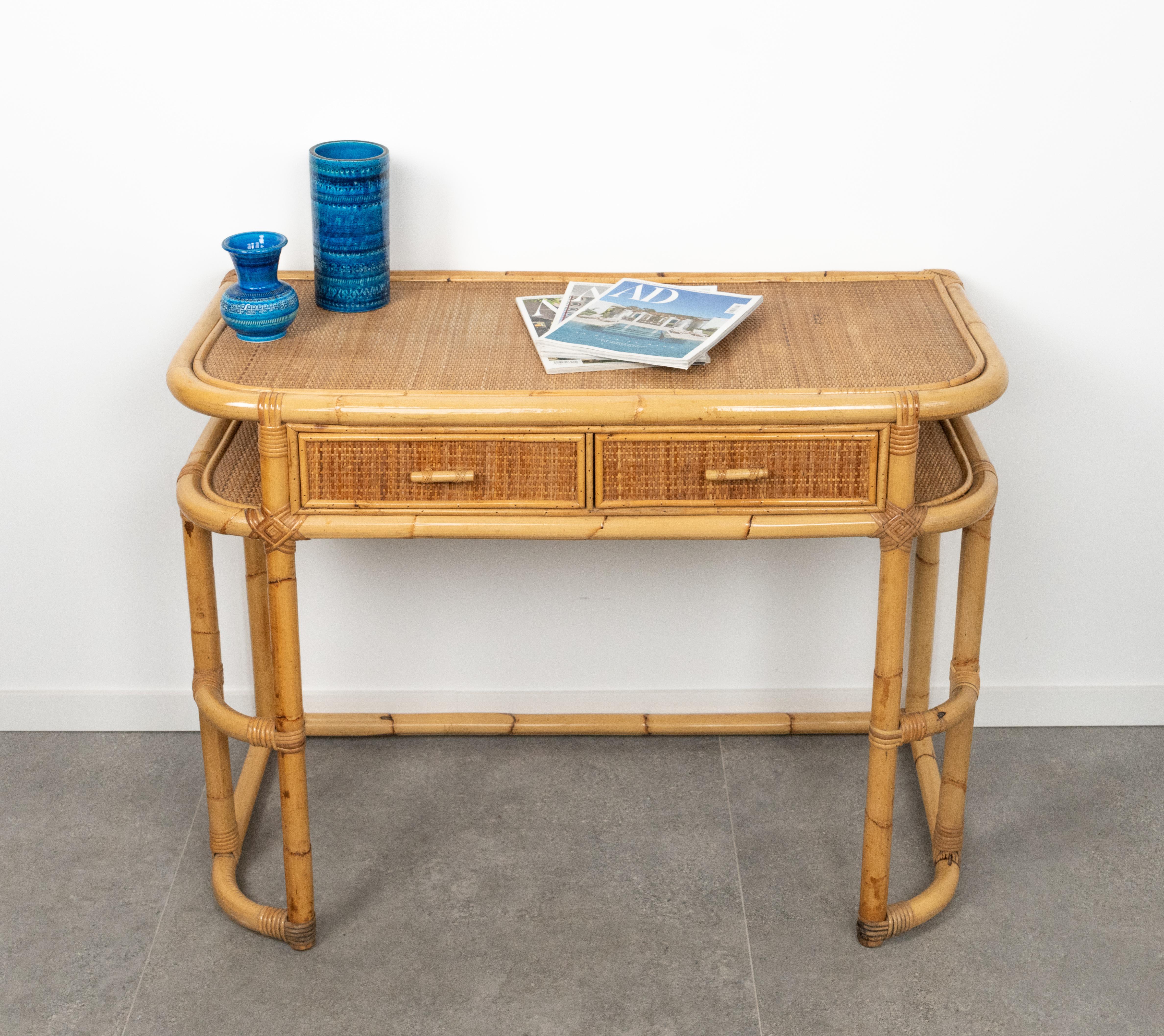 Late 20th Century Midcentury Bamboo, Rattan and Wicker Desk Console Table, Italy 1970s For Sale