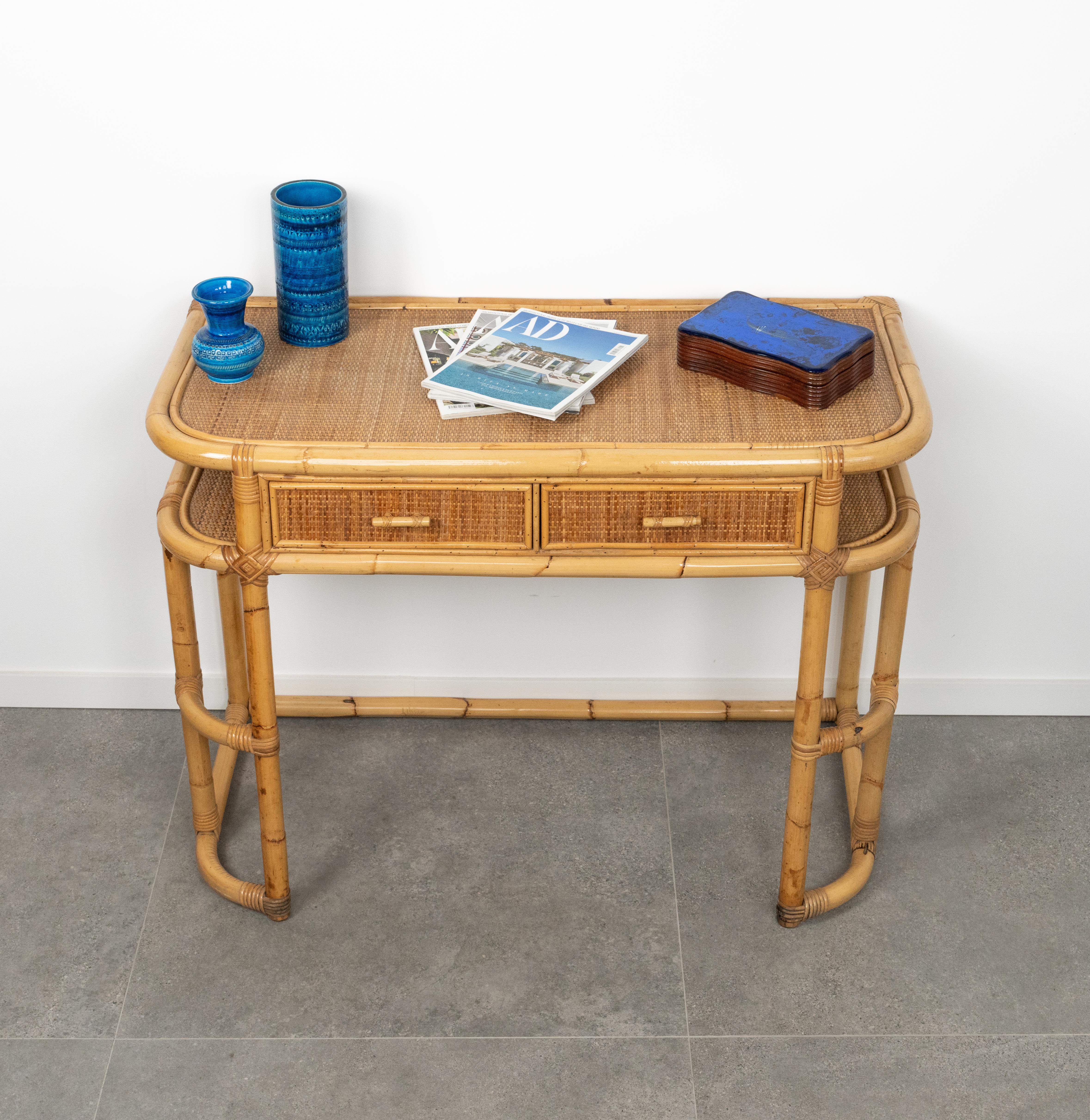Midcentury Bamboo, Rattan and Wicker Desk Console Table, Italy 1970s For Sale 1