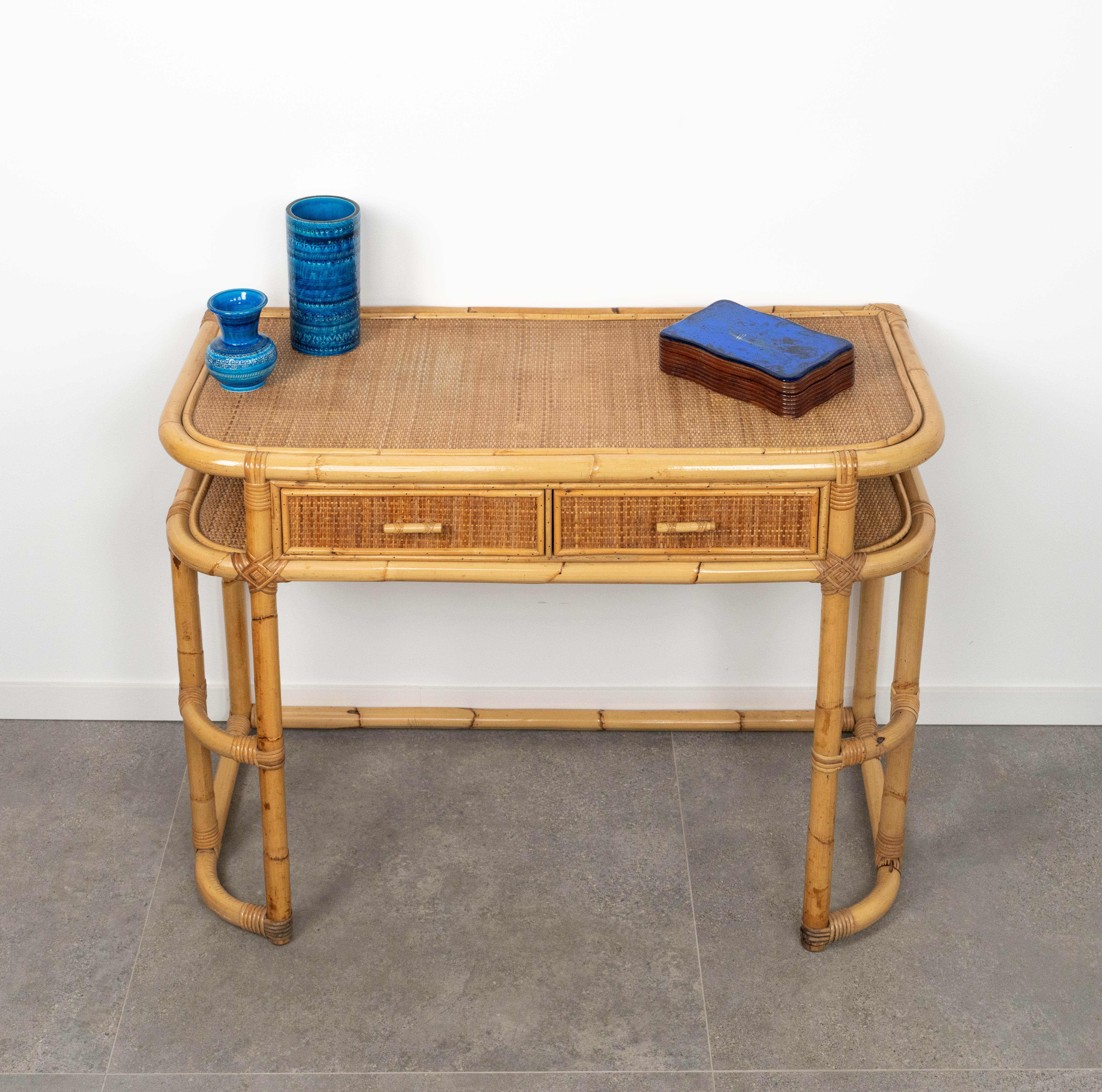 Midcentury Bamboo, Rattan and Wicker Desk Console Table, Italy 1970s For Sale 2