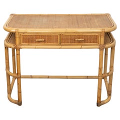 Vintage Midcentury Bamboo, Rattan and Wicker Desk Console Table, Italy 1970s