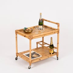 Carrello da bar rettangolare italiano in bambù, rattan e vimini, 1960