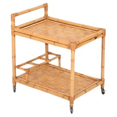 Carrello da bar rettangolare italiano in bambù, rattan e vimini, 1960