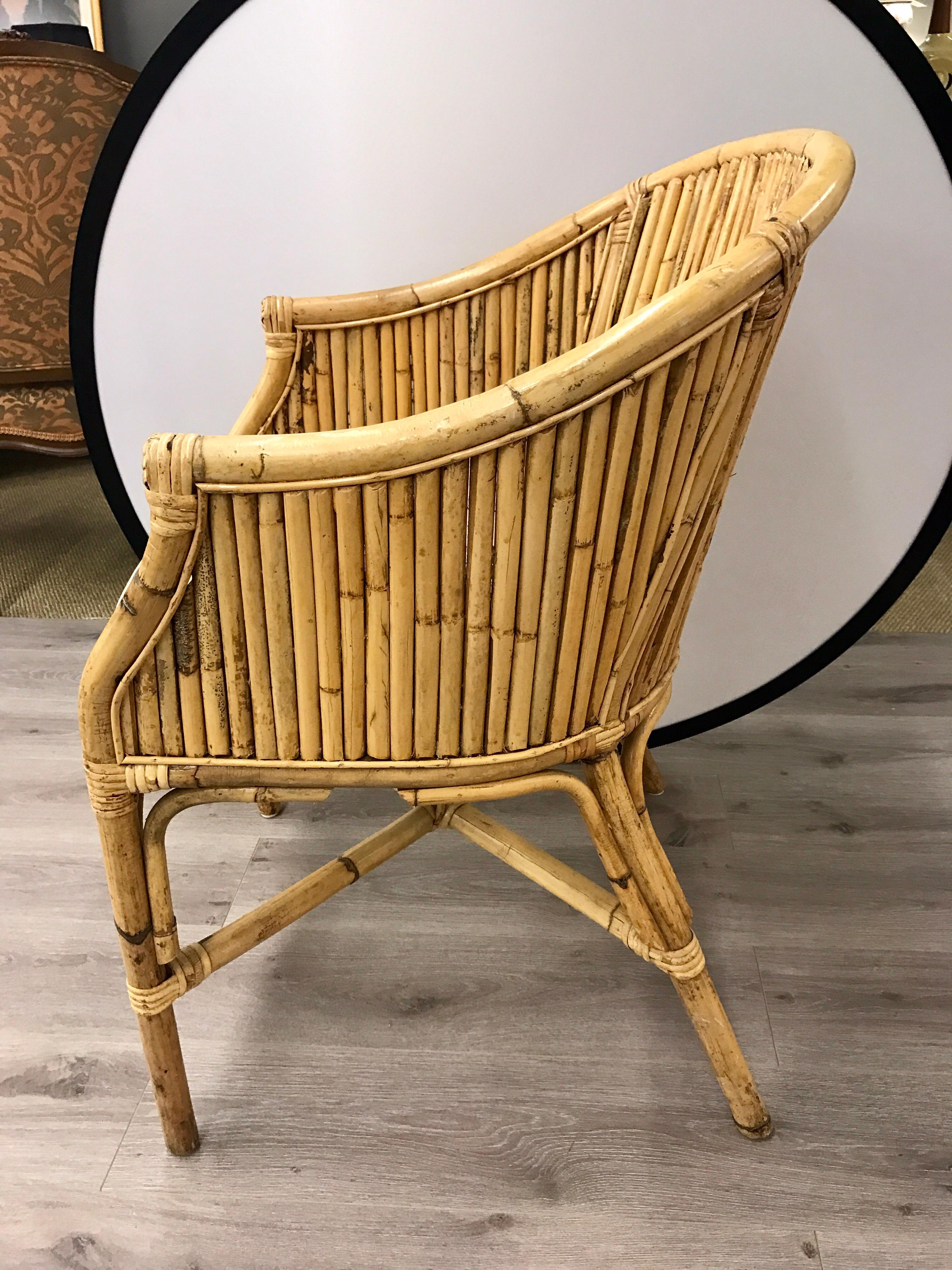 American Midcentury Bamboo Rattan Barrel Back Armchair