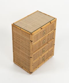 Midcentury Bamboo, Rattan & Brass Chest of Drawers Dal Vera Style, Italy, 1970s