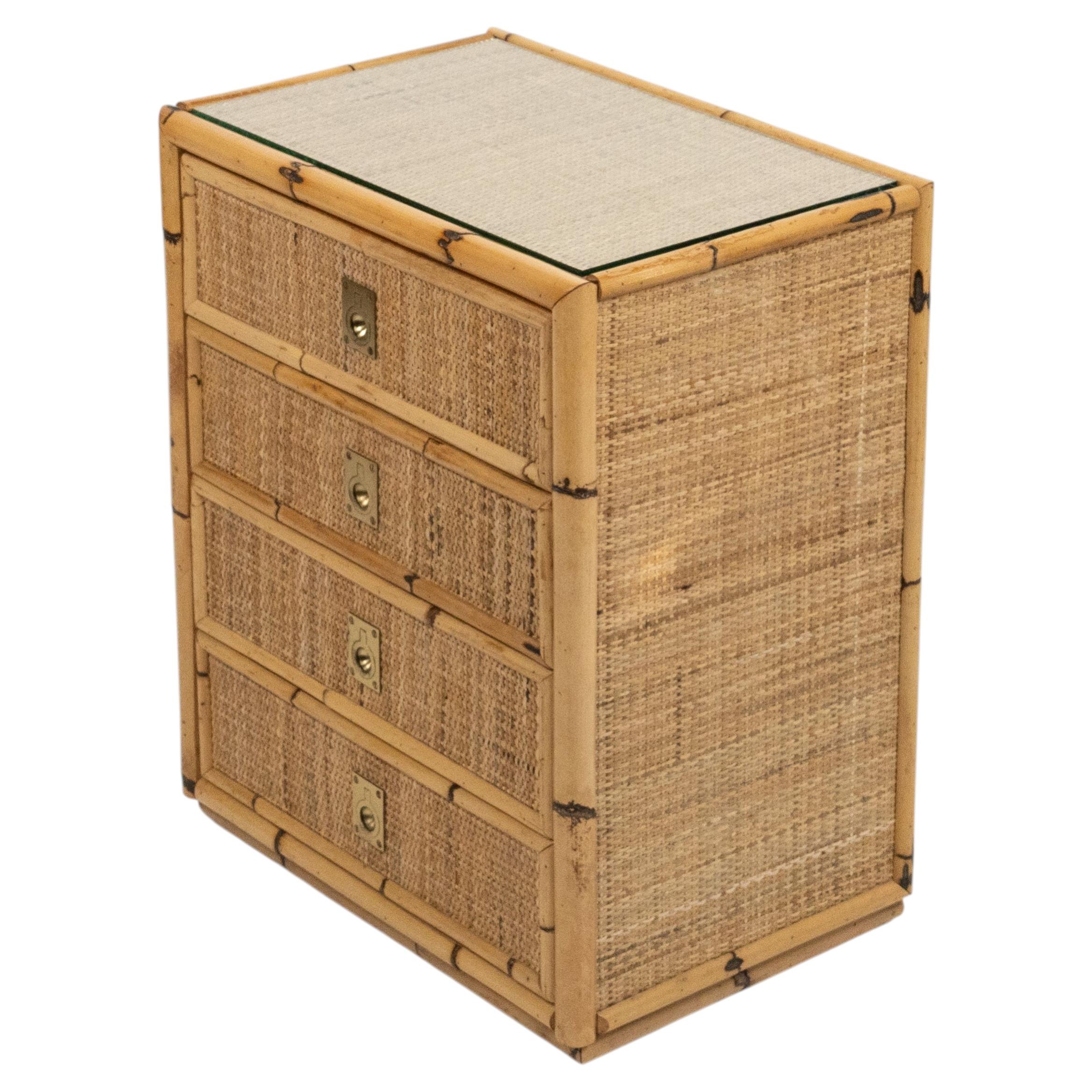 Midcentury Bamboo, Rattan & Brass Chest of Drawers Dal Vera Style, Italy, 1970s