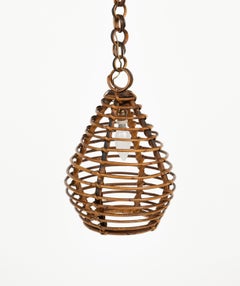 Lustre Lanterne du milieu du siècle dernier en bambou et rotin de style Louis Sognot, Italie, années 1960