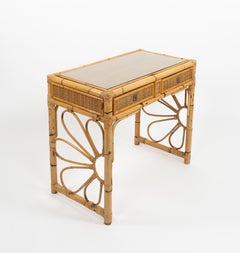 Midcentury Bamboo, Rattan & Glass Desk Writing Table Dal Vera Style, Italy 1970s
