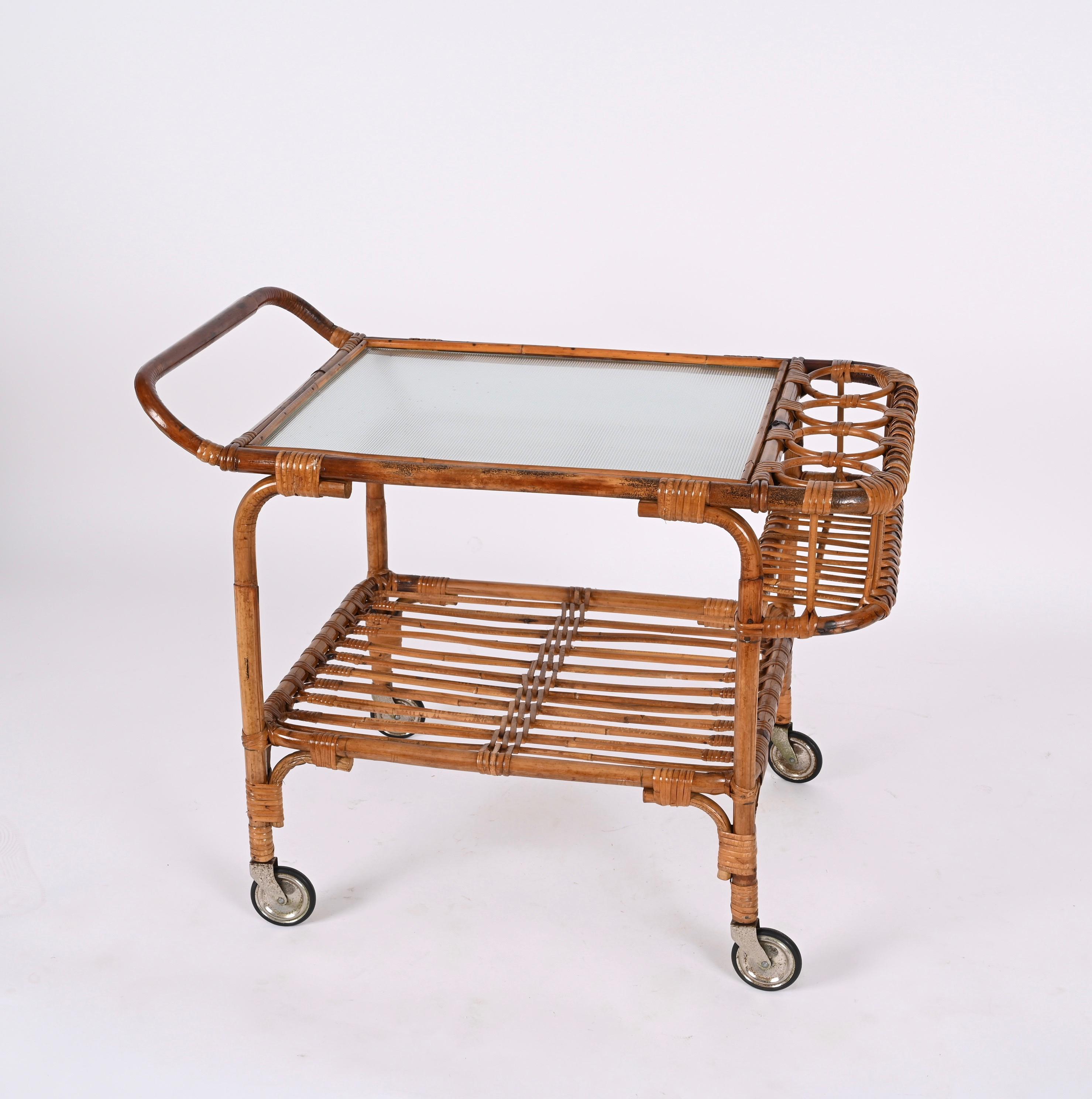 Midcentury Bamboo Rattan, Glass Rectangular Serving Bar Cart Trolley Italy 1960s 1