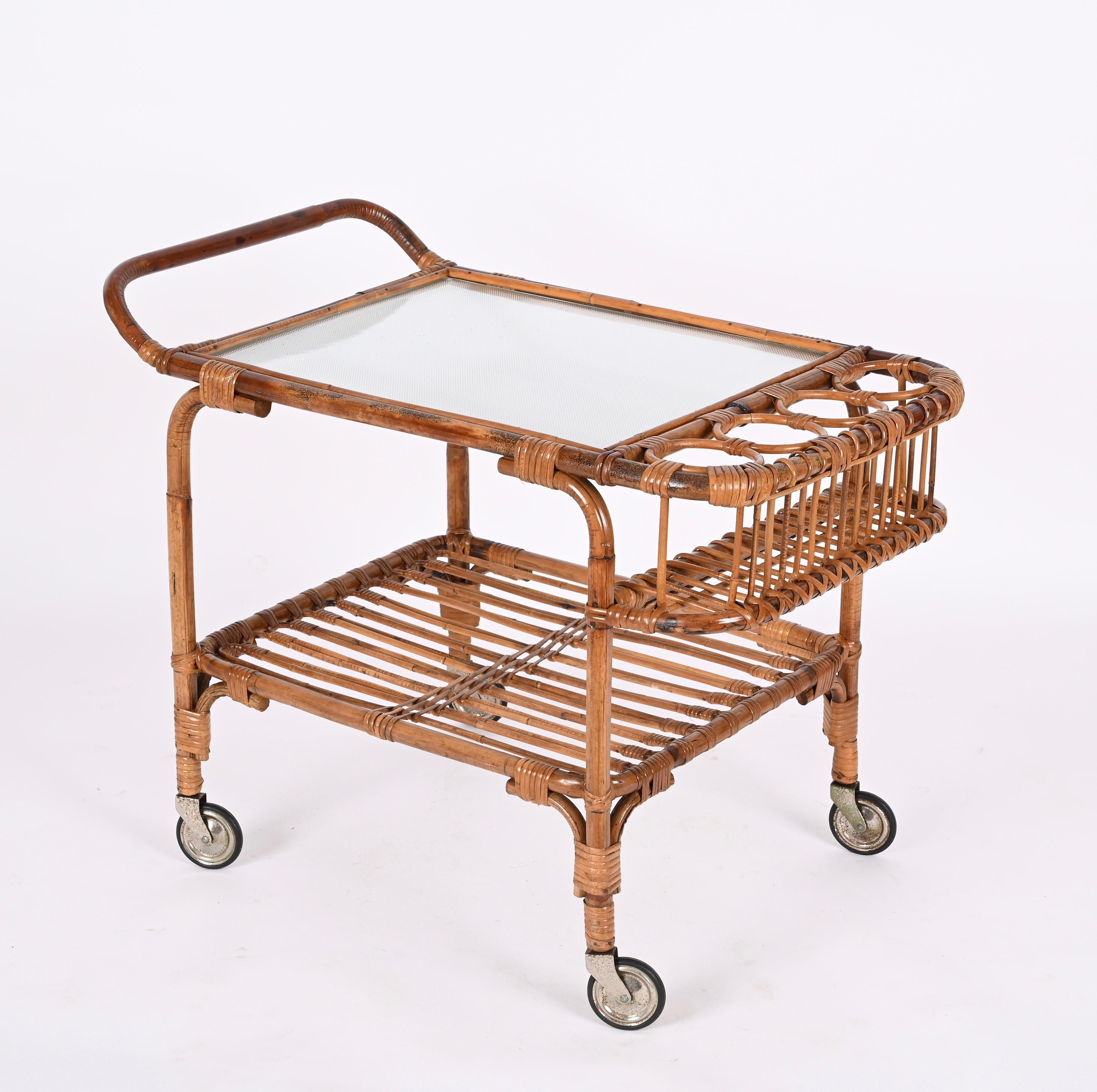 Midcentury Bamboo Rattan, Glass Rectangular Serving Bar Cart Trolley Italy 1960s 3