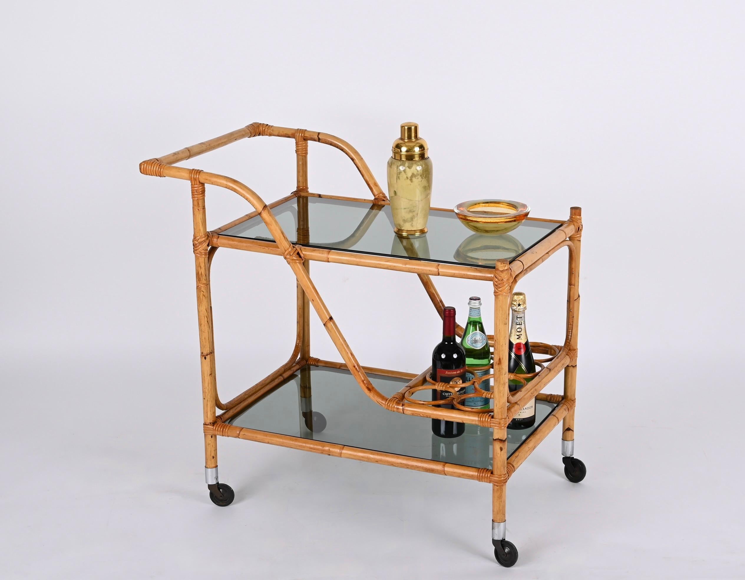 Midcentury Bamboo Rattan, Glass Rectangular Serving Bar Cart Trolley Italy 1960s 7