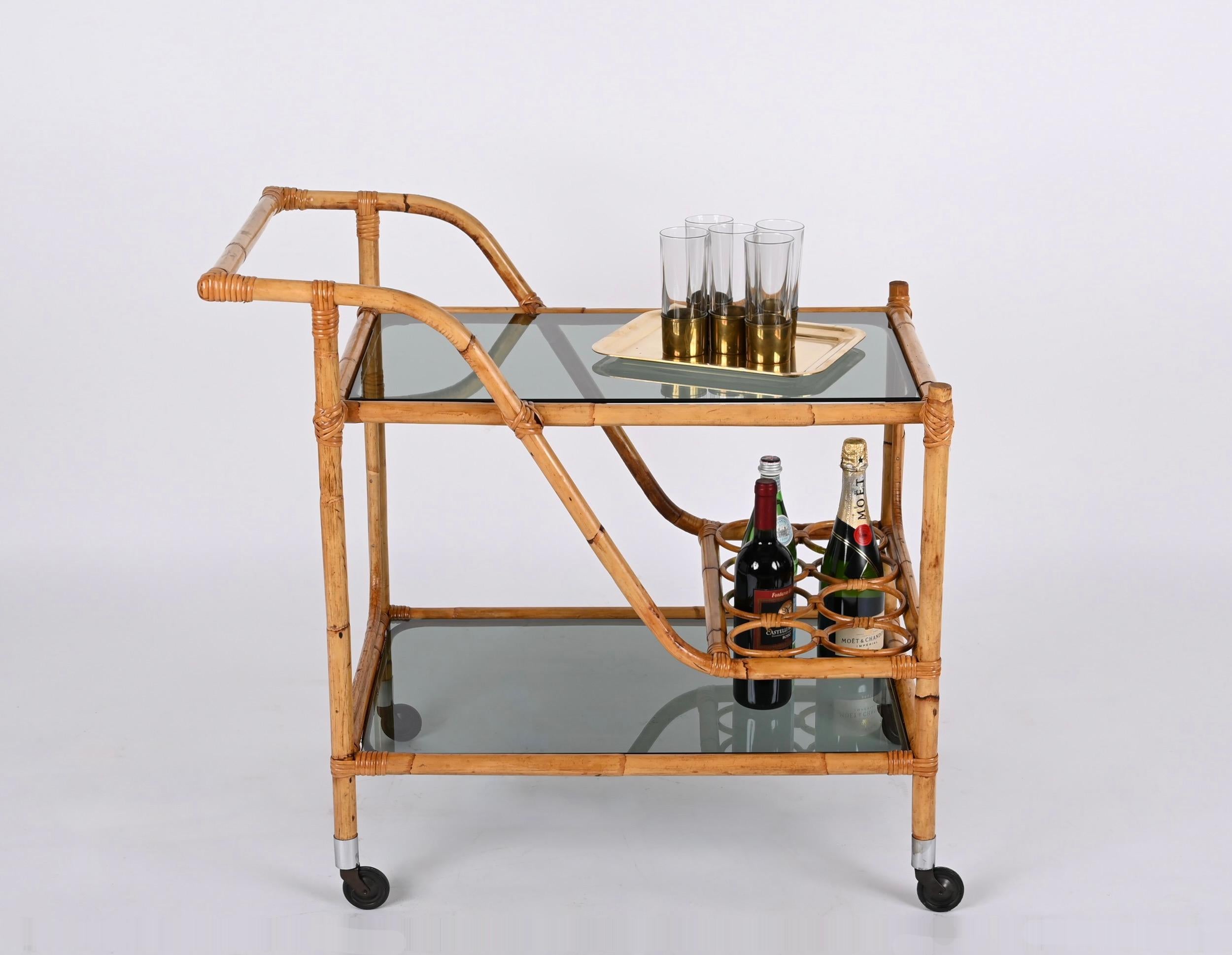 Midcentury Bamboo Rattan, Glass Rectangular Serving Bar Cart Trolley Italy 1960s 8