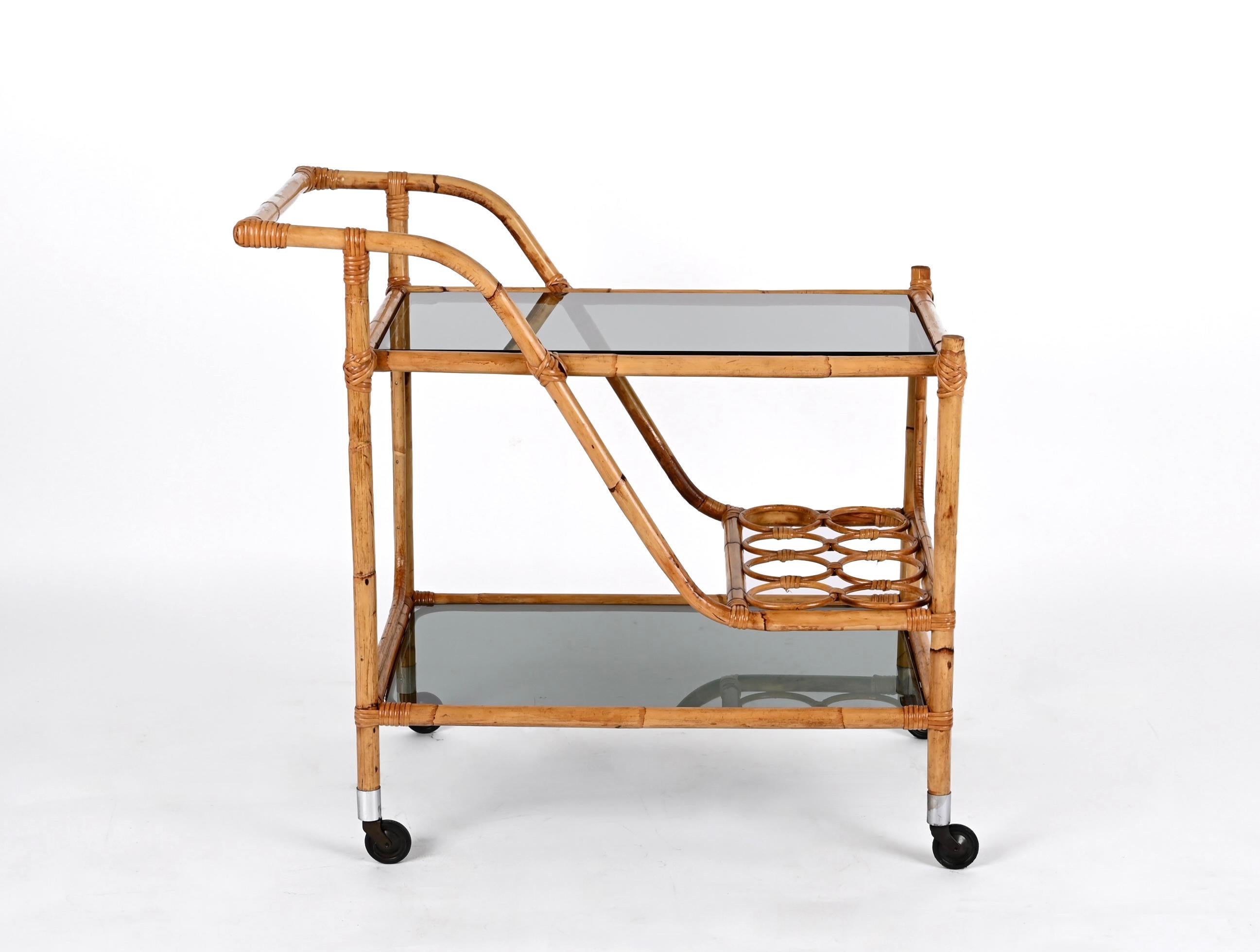 Mid-Century Modern Midcentury Bamboo Rattan, Glass Rectangular Serving Bar Cart Trolley Italy 1960s