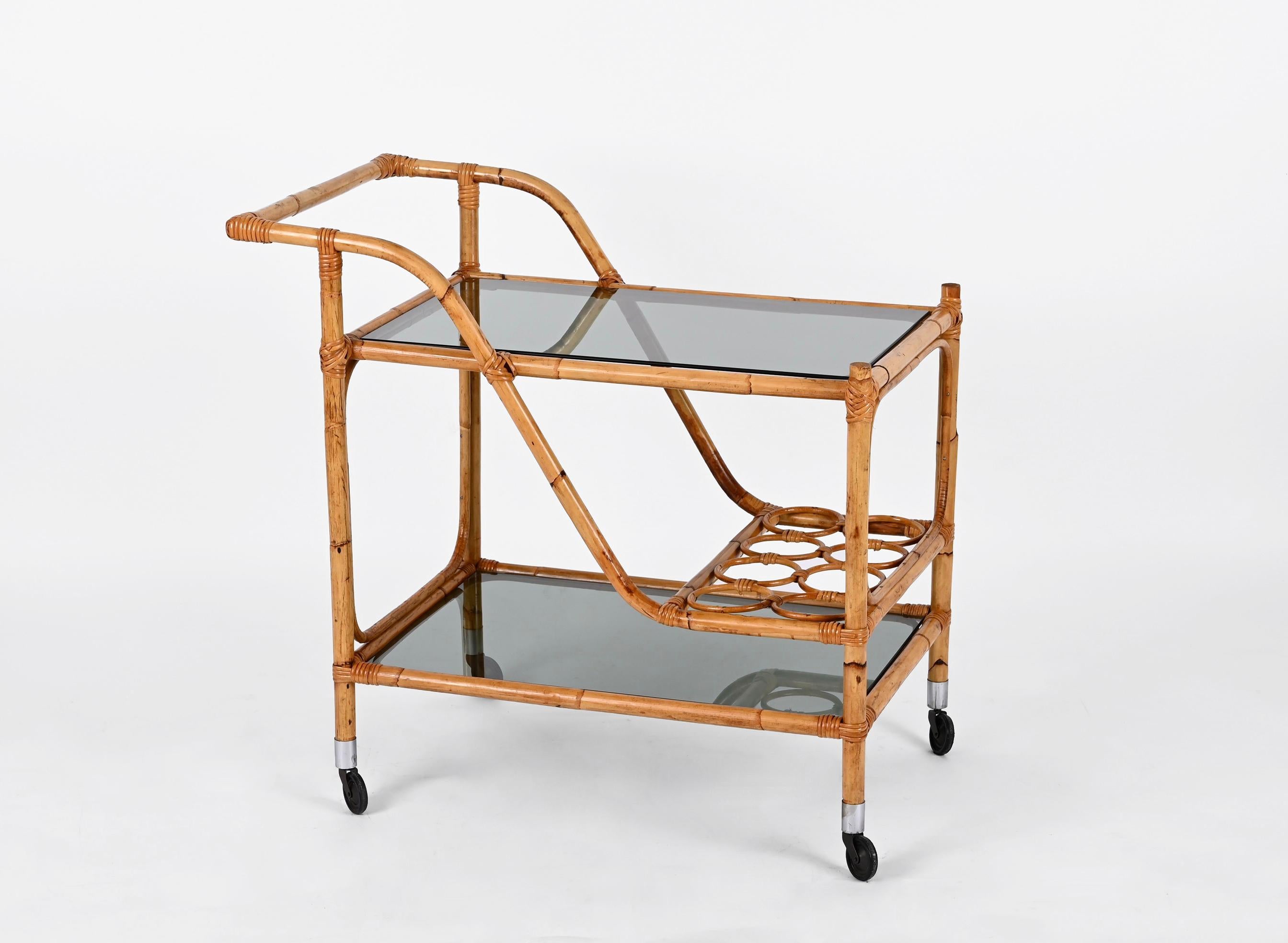 Italian Midcentury Bamboo Rattan, Glass Rectangular Serving Bar Cart Trolley Italy 1960s