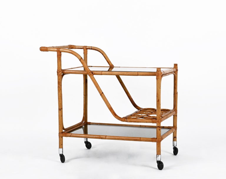 20th Century Midcentury Bamboo Rattan, Glass Rectangular Serving Bar Cart Trolley Italy 1960s For Sale