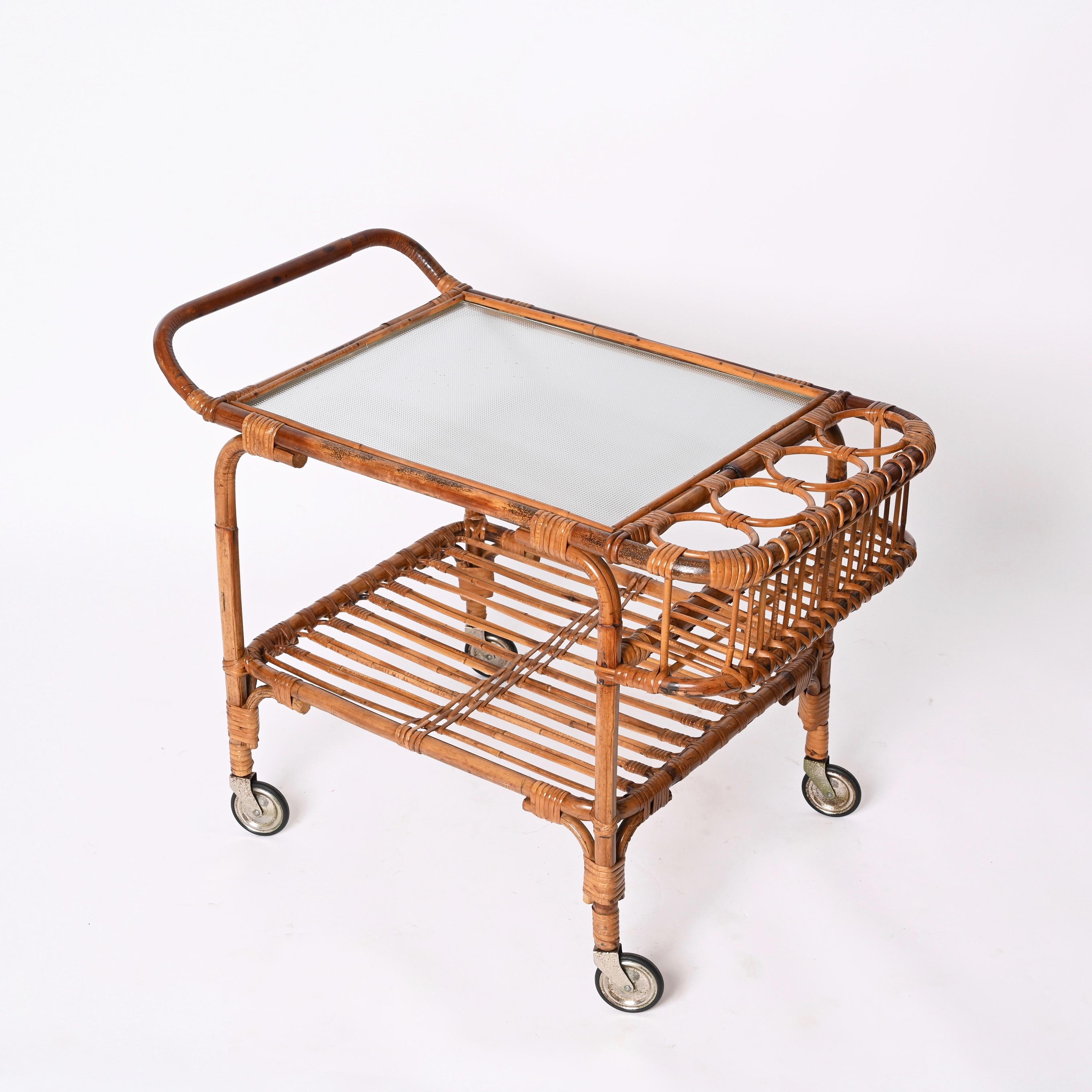 Italian Midcentury Bamboo Rattan, Glass Rectangular Serving Bar Cart Trolley Italy 1960s