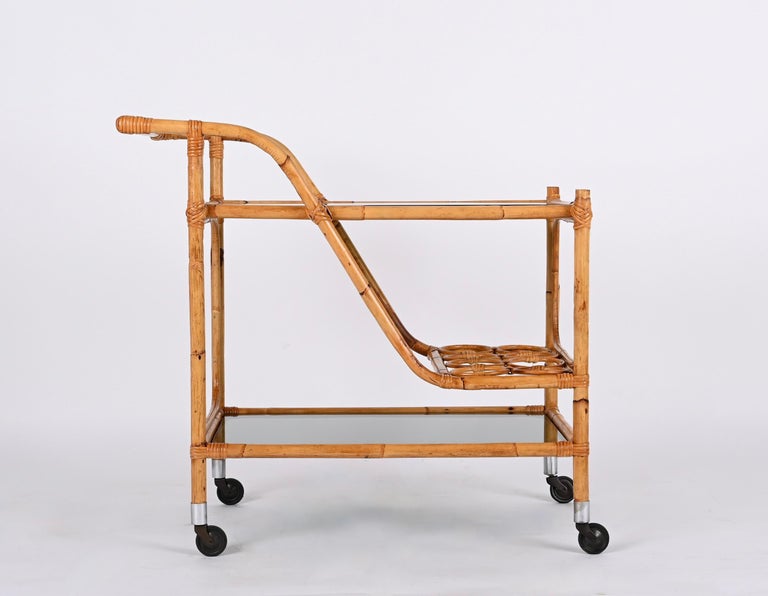 Metal Midcentury Bamboo Rattan, Glass Rectangular Serving Bar Cart Trolley Italy 1960s For Sale