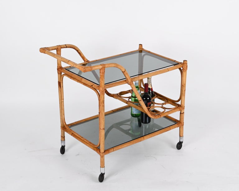 Midcentury Bamboo Rattan, Glass Rectangular Serving Bar Cart Trolley Italy 1960s For Sale 1