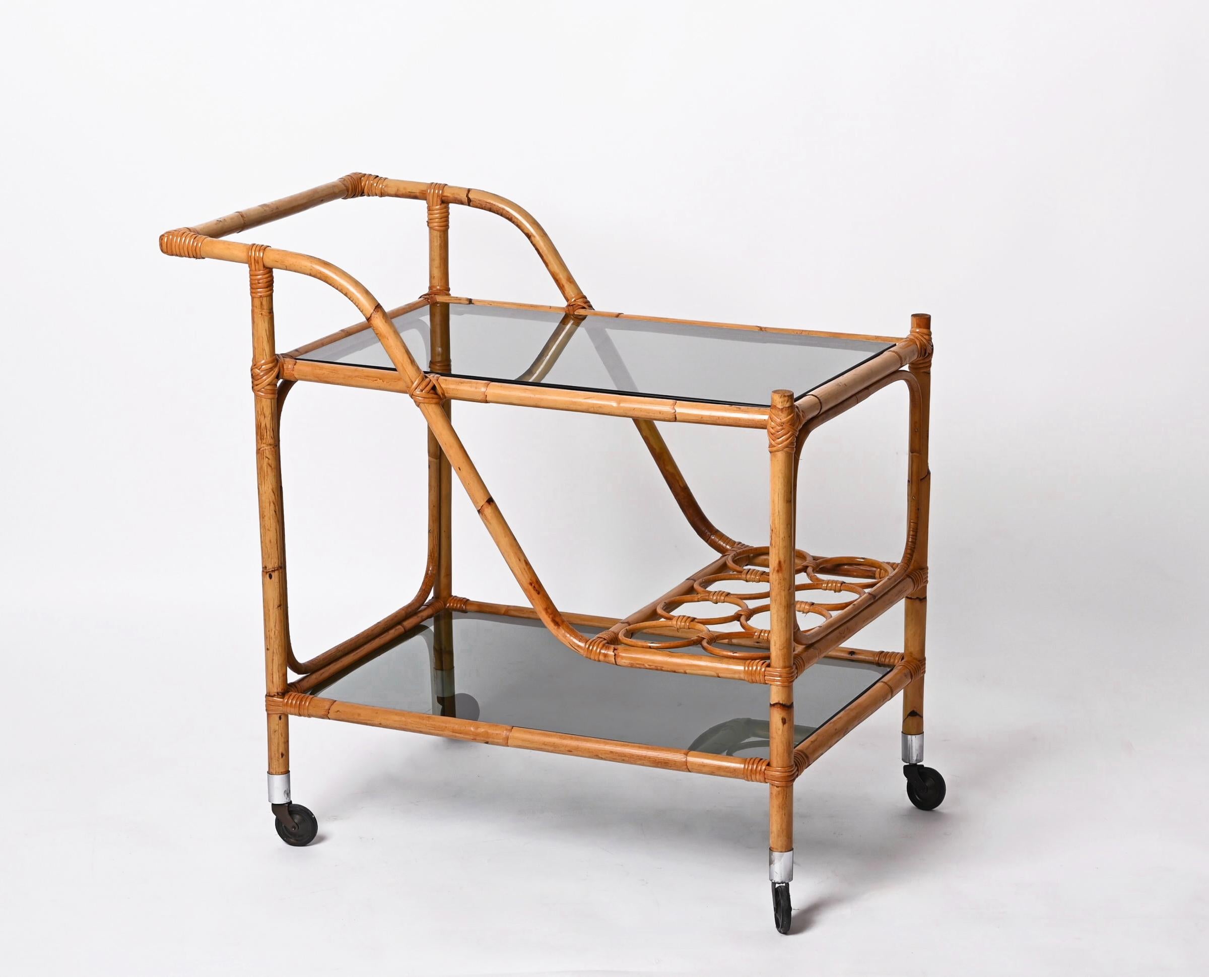 Midcentury Bamboo Rattan, Glass Rectangular Serving Bar Cart Trolley Italy 1960s 2