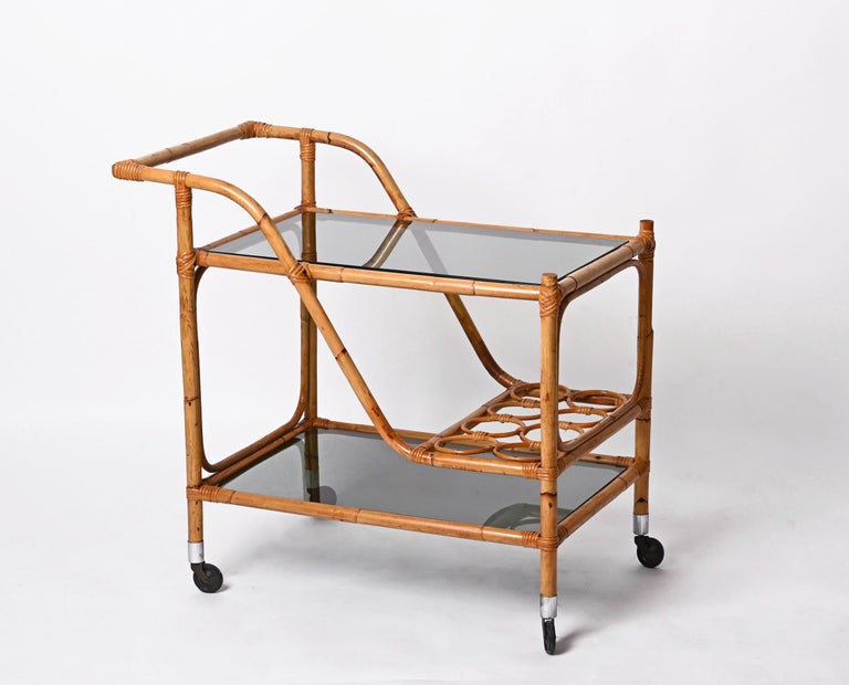 Midcentury Bamboo Rattan, Glass Rectangular Serving Bar Cart Trolley Italy 1960s For Sale 2