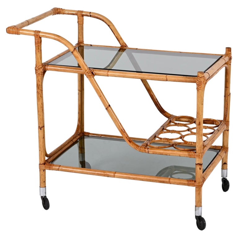 Midcentury Bamboo Rattan, Glass Rectangular Serving Bar Cart Trolley Italy 1960s For Sale